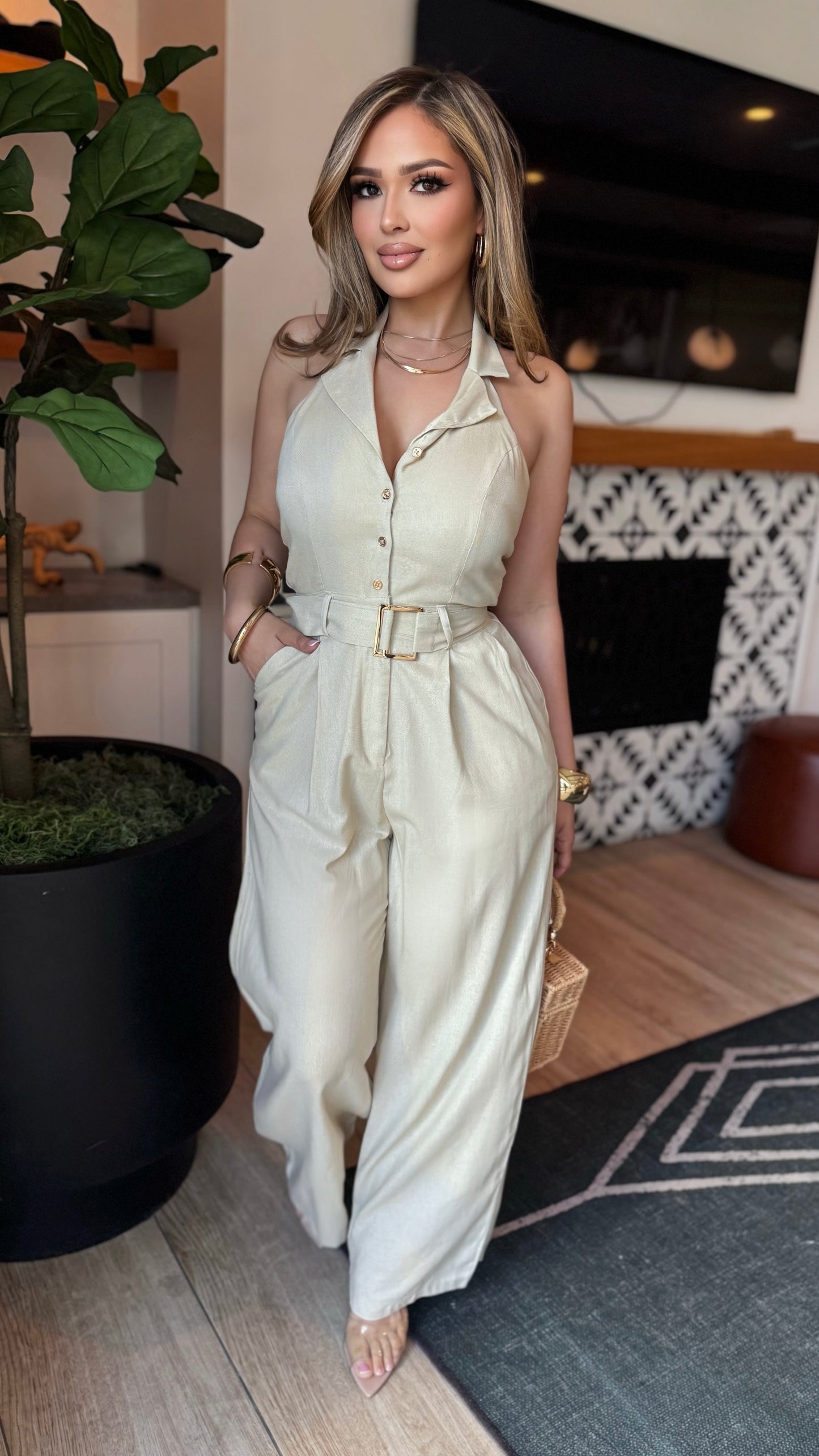 Halter Button Down Linen Wide Leg Jumpsuit (Natural)