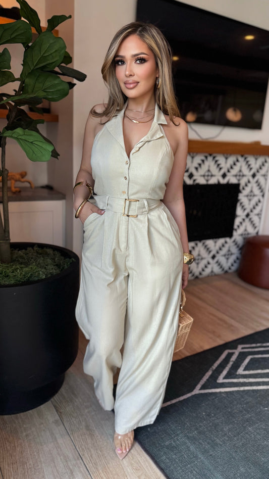 Halter Button Down Linen Wide Leg Jumpsuit (Natural)
