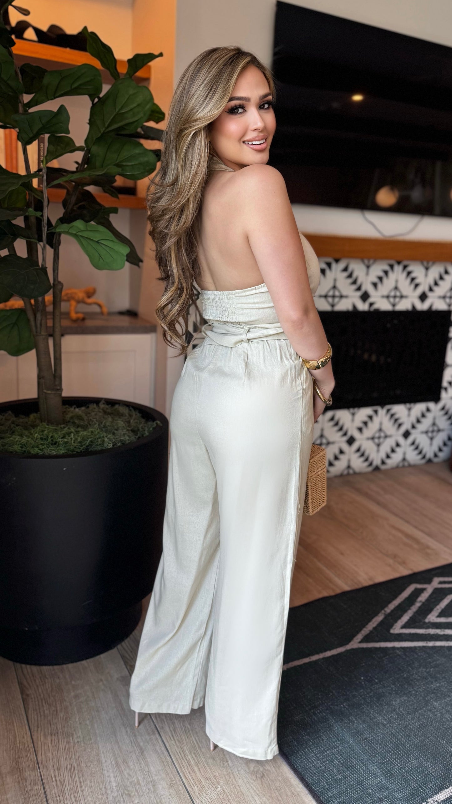 Halter Button Down Linen Wide Leg Jumpsuit (Natural)