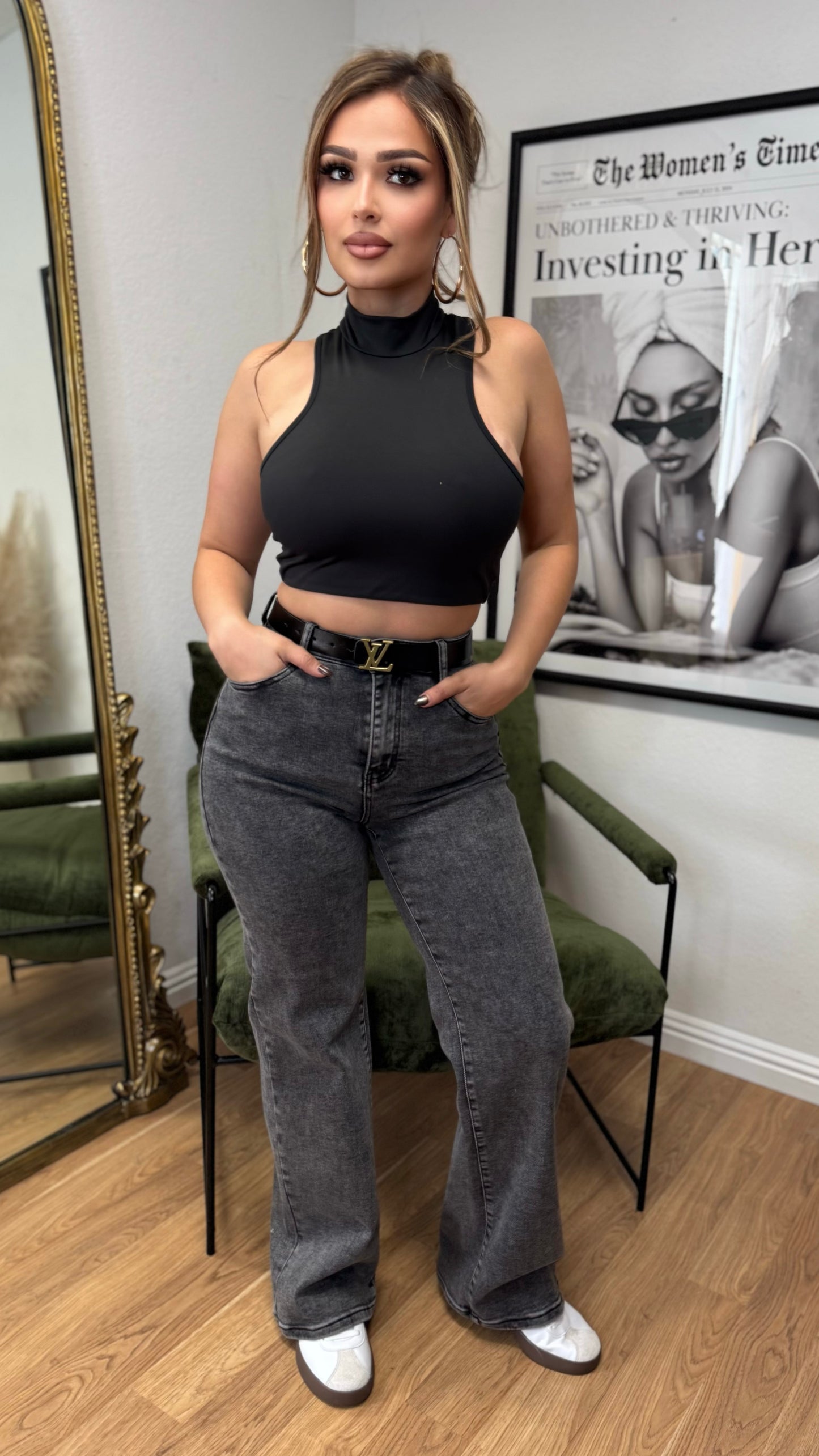 Sleek High Neck Crop Top (Black)