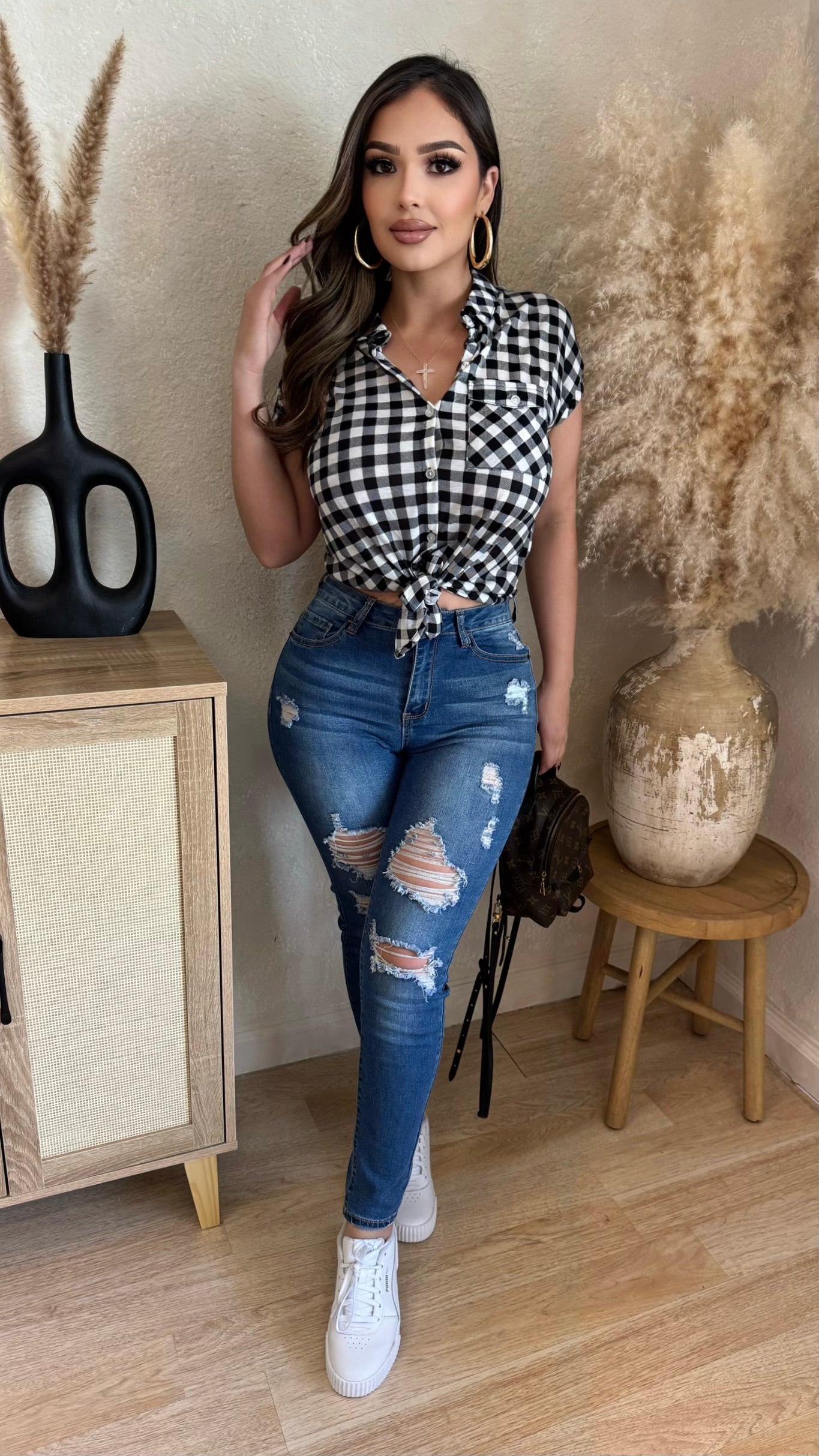 Sylvie Checkered Tie Top (Black/ White)