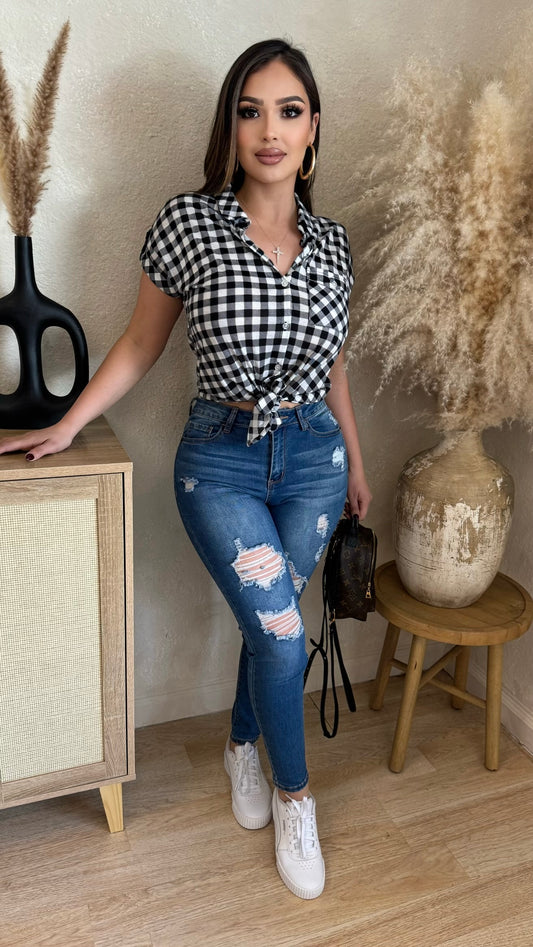 Sylvie Checkered Tie Top (Black/ White)