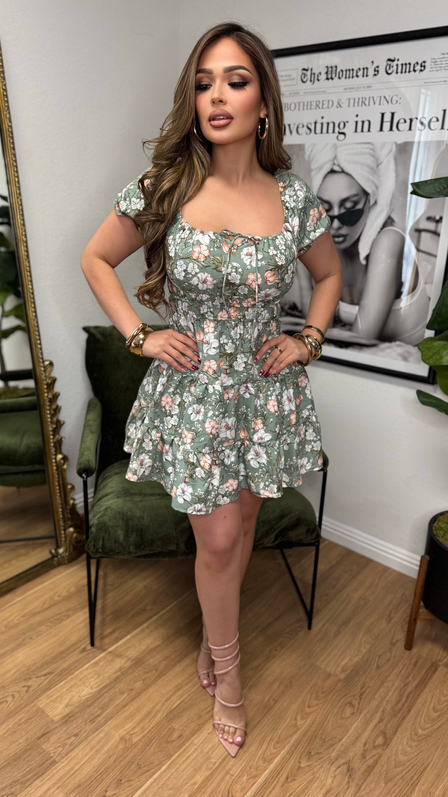 Sage Floral Ruffle Dress