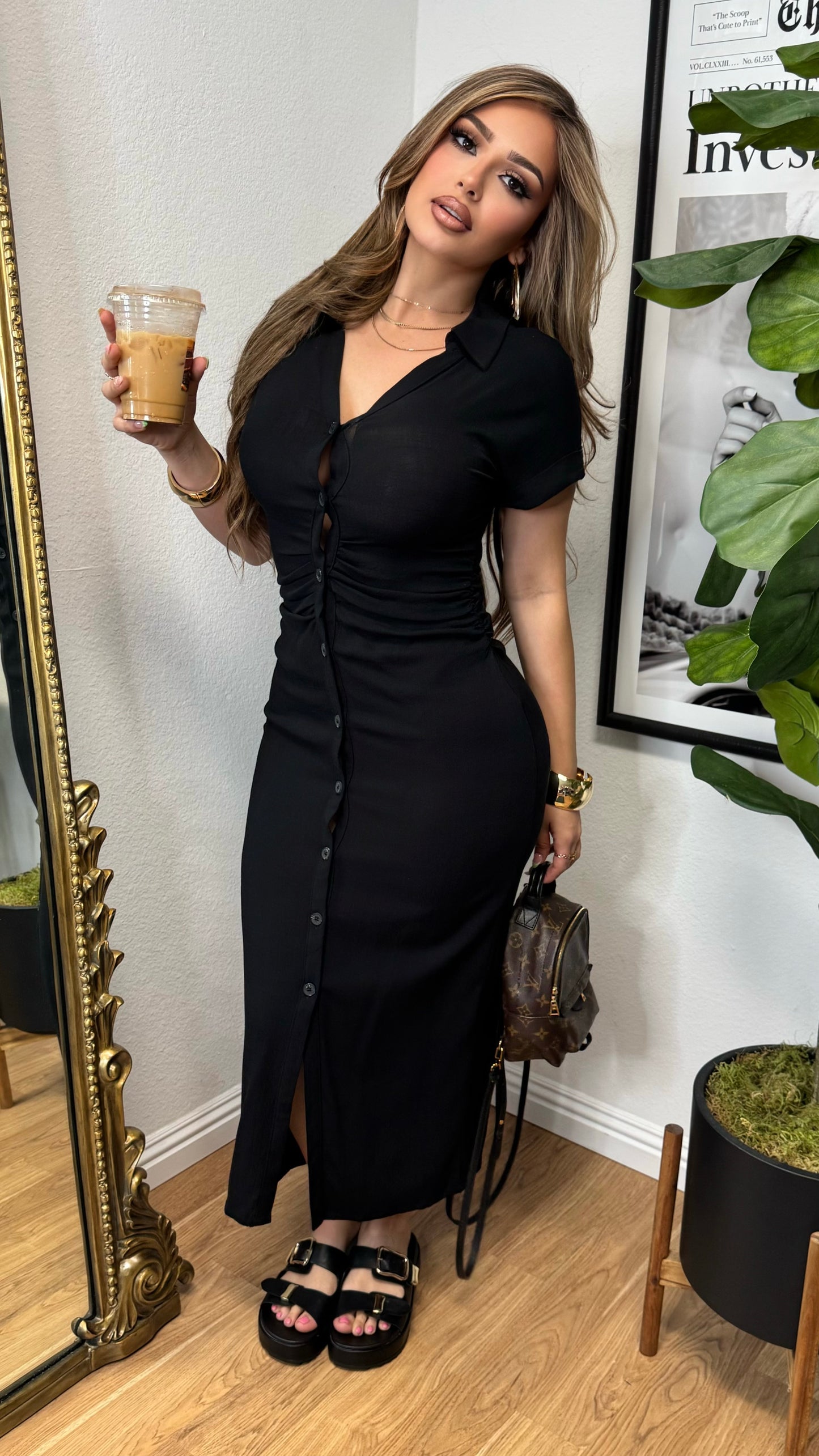 City Chic Button Up Maxi Dress (Black)