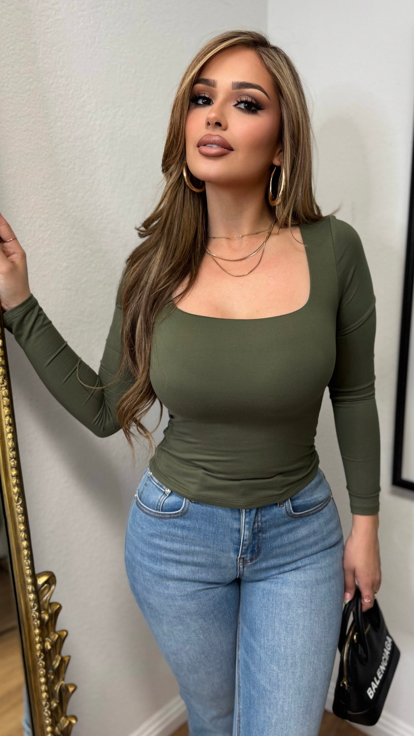 Square Neck Essential Long Sleeve Top (Olive)