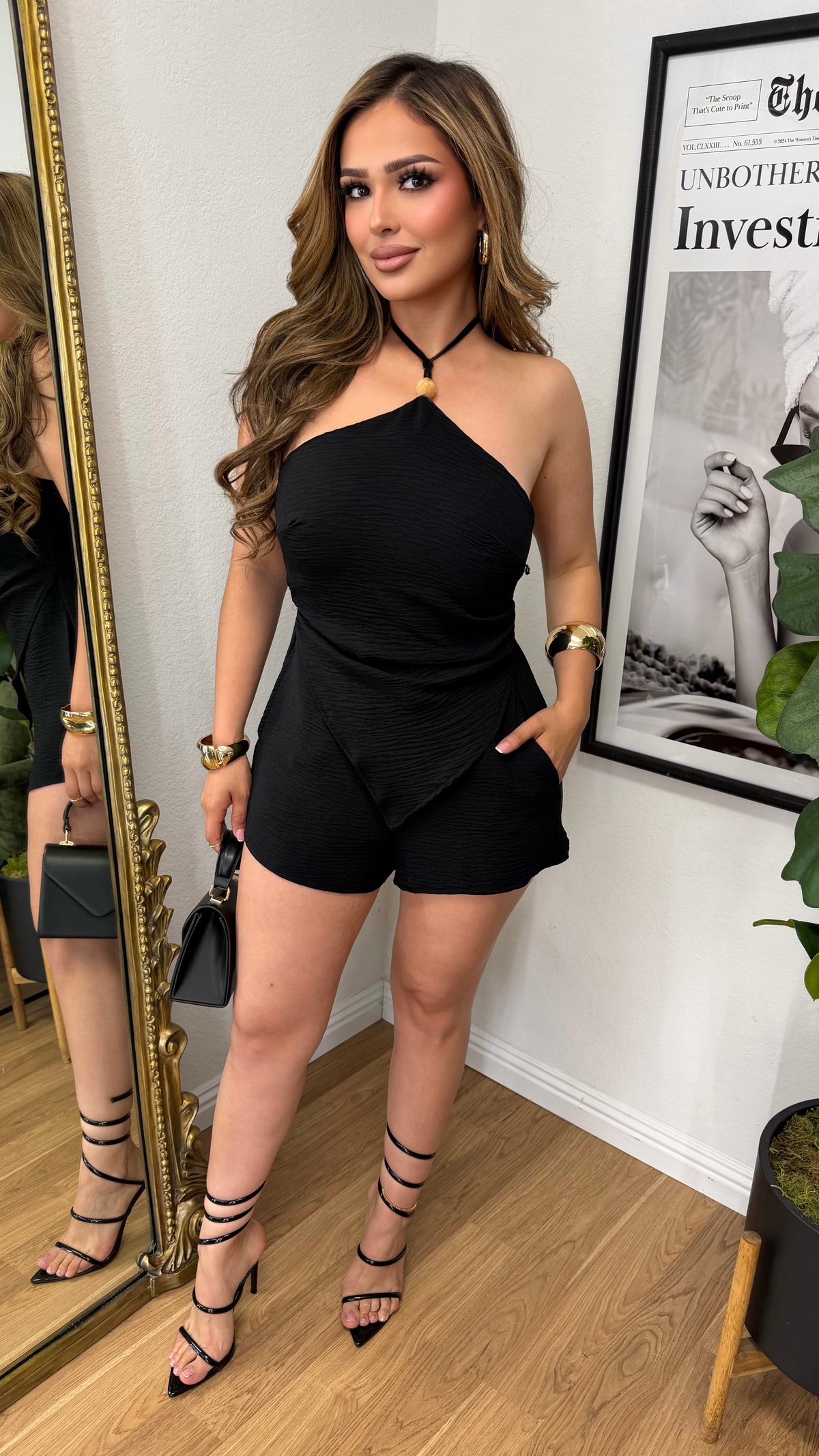 Asymmetric Halter Romper (Black)