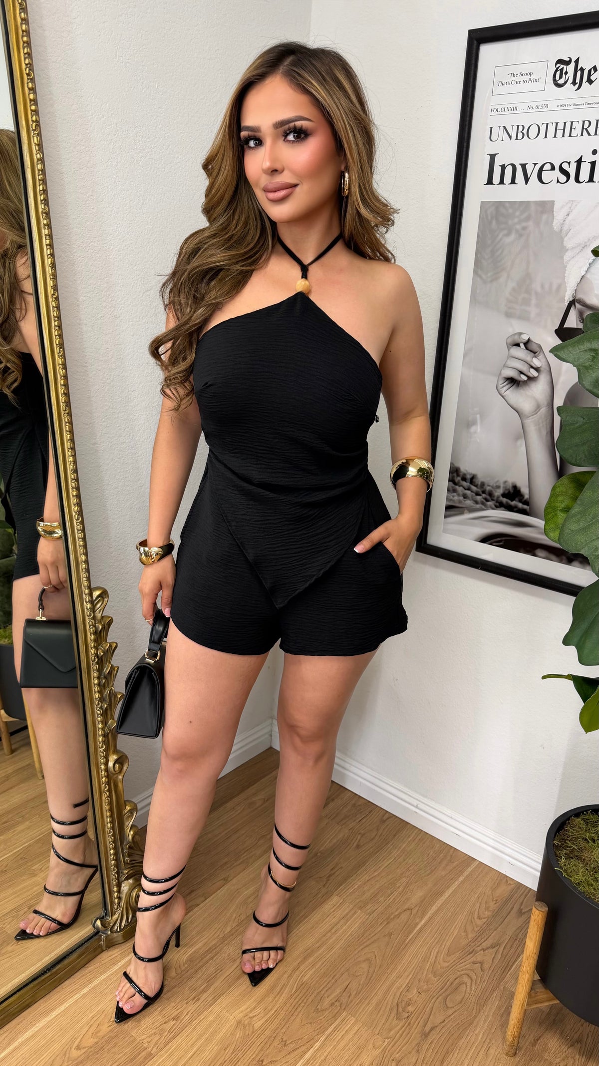 Asymmetric Halter Romper (Black)