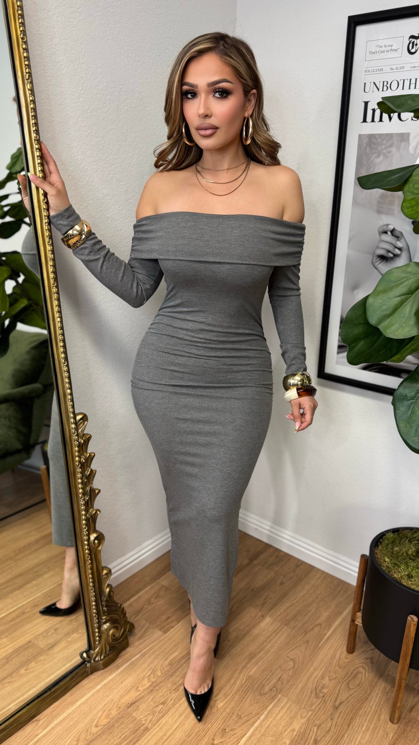 Body Language Off Shoulder Dress (Charcoal)