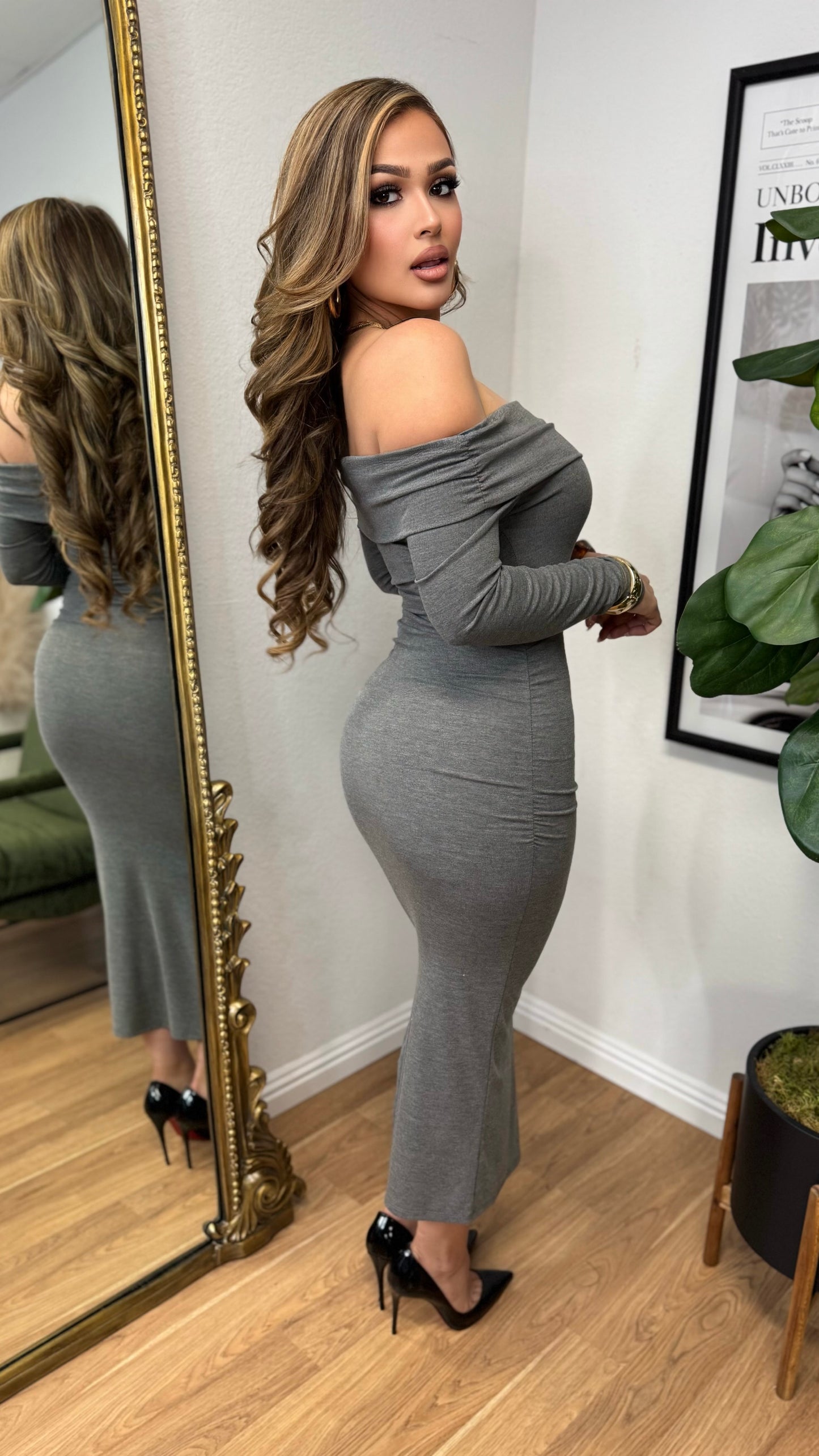 Body Language Off Shoulder Dress (Charcoal)