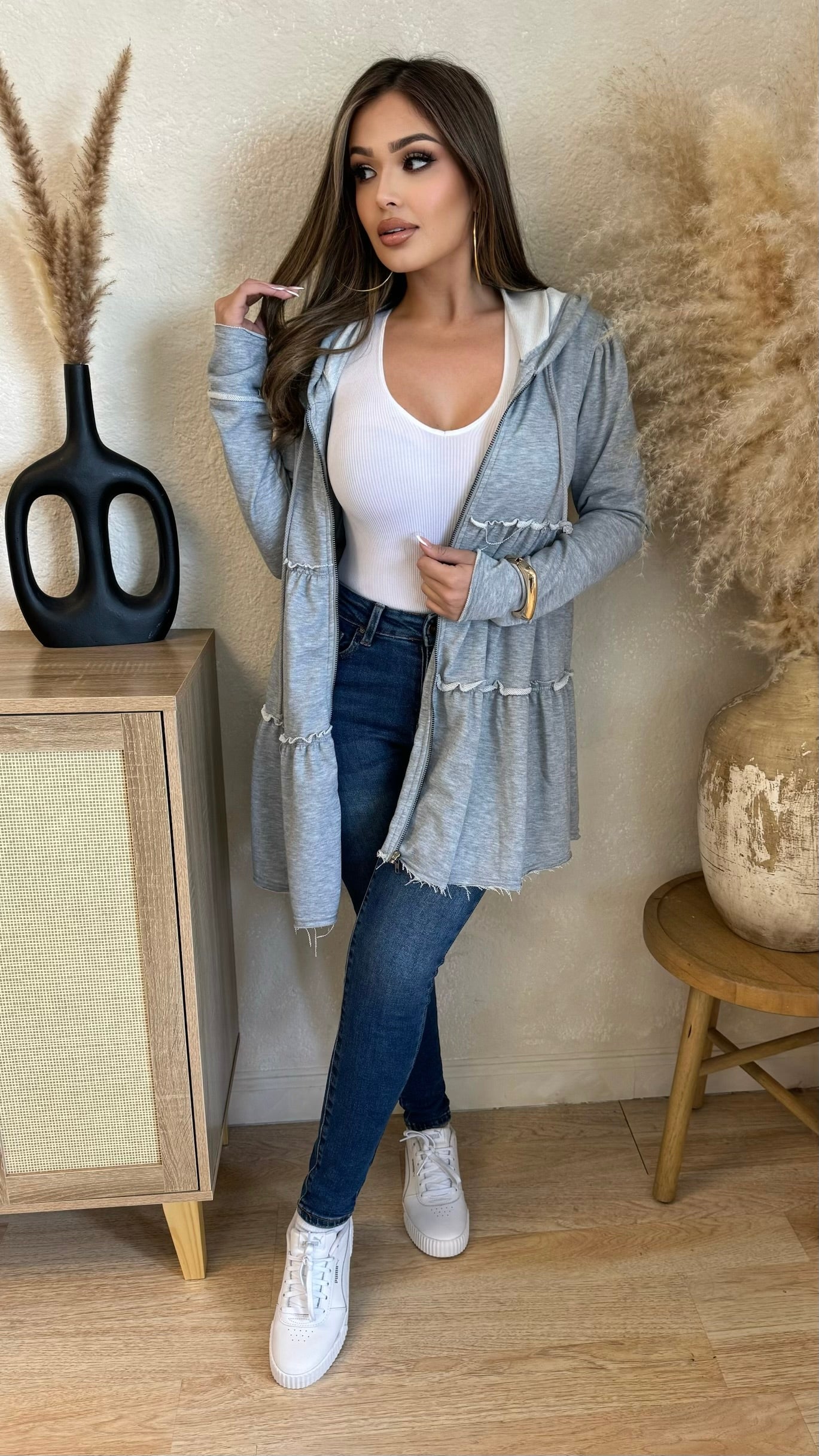 Danielle Zip Up Oversize Ruffle Sweater (Dusty Grey)