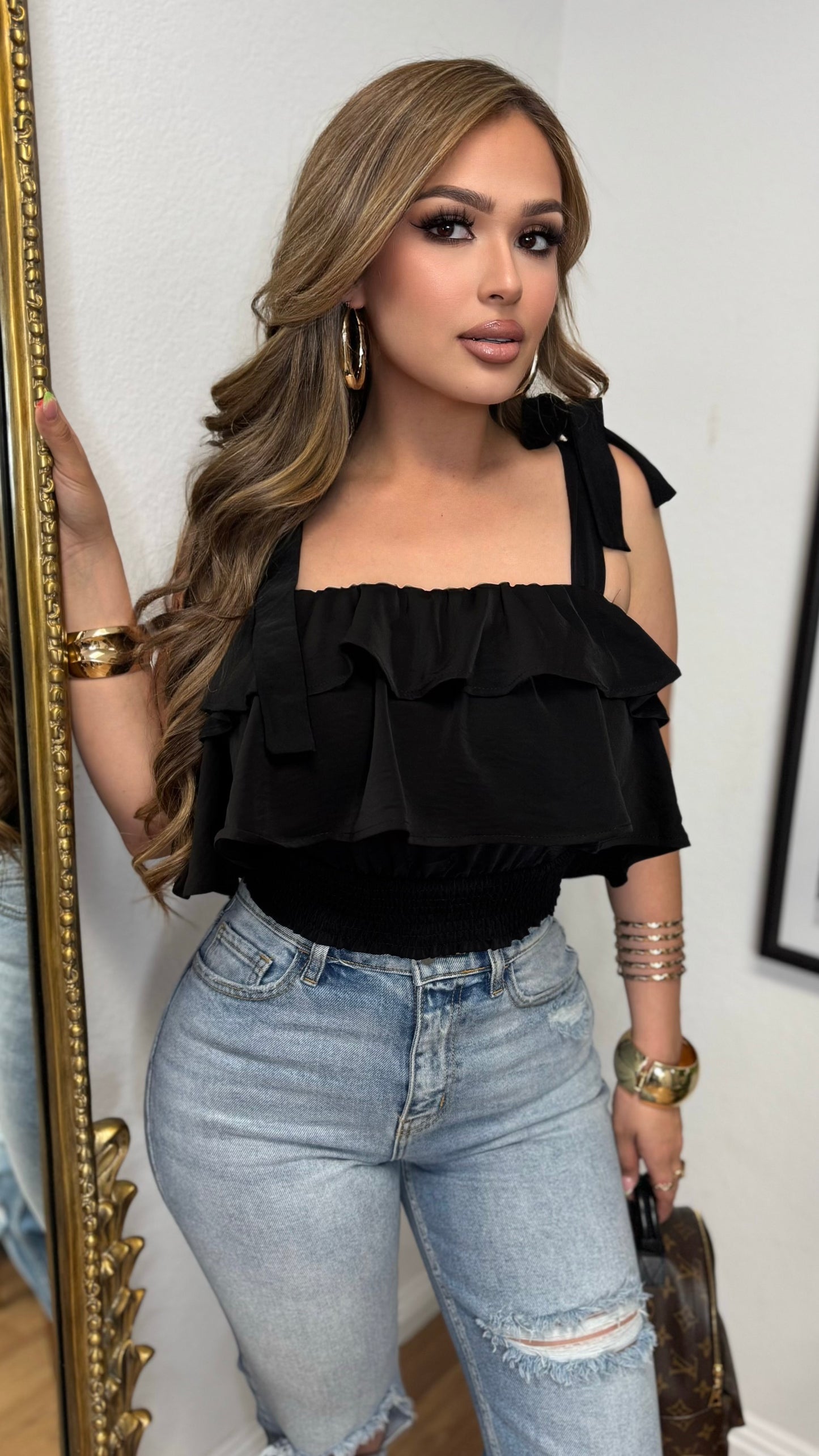 Tiered Ruffle Crop Top (Black)