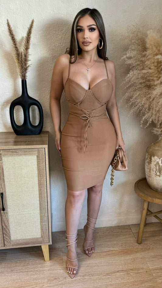 Dangerously Desirable Corset Midi Dress (Taupe)