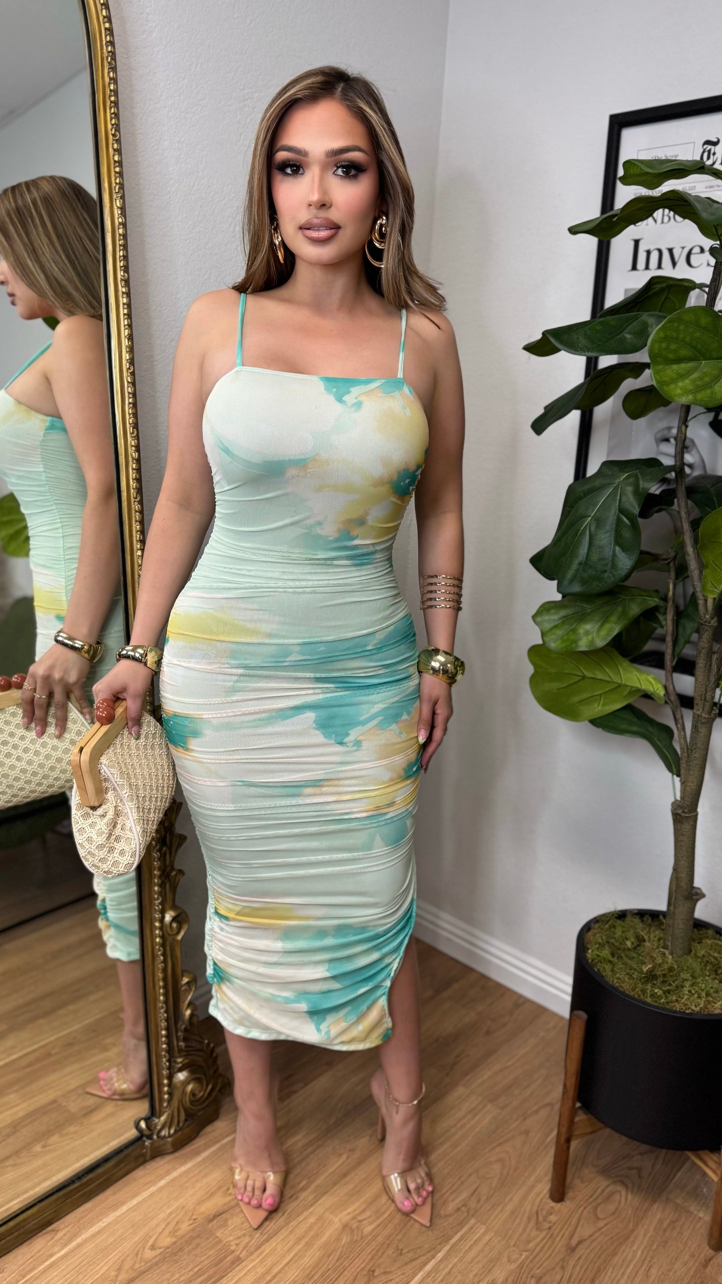 Pastel Ruched Mesh Midi Dress