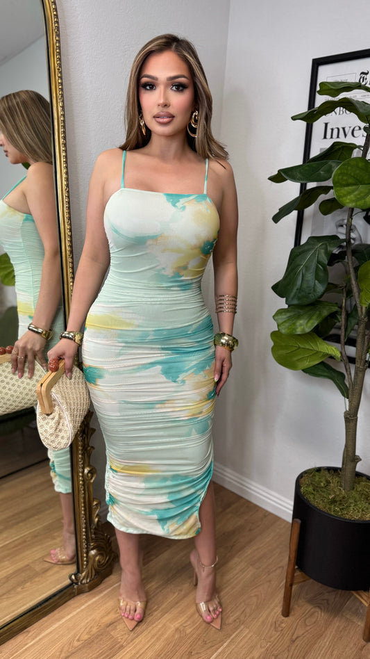 Pastel Ruched Mesh Midi Dress