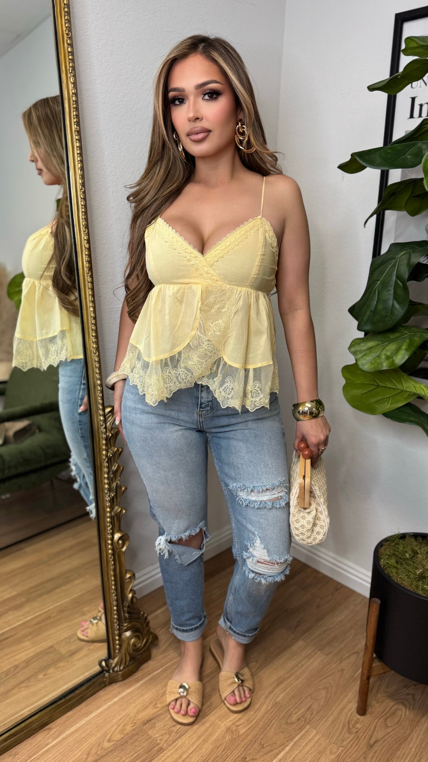Lace Trim Babydoll Peplum Top (Yellow)