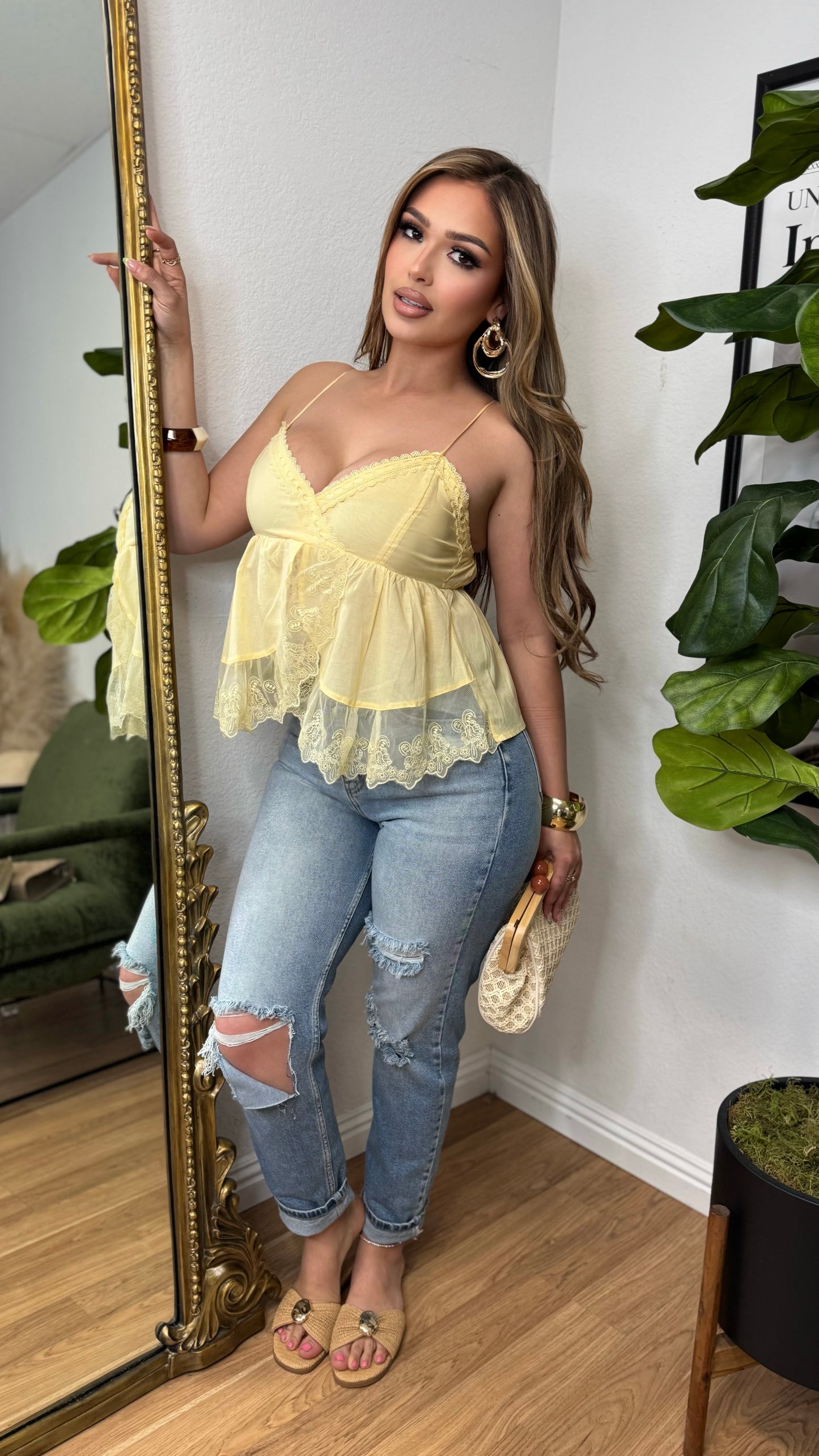 Lace Trim Babydoll Peplum Top (Yellow)