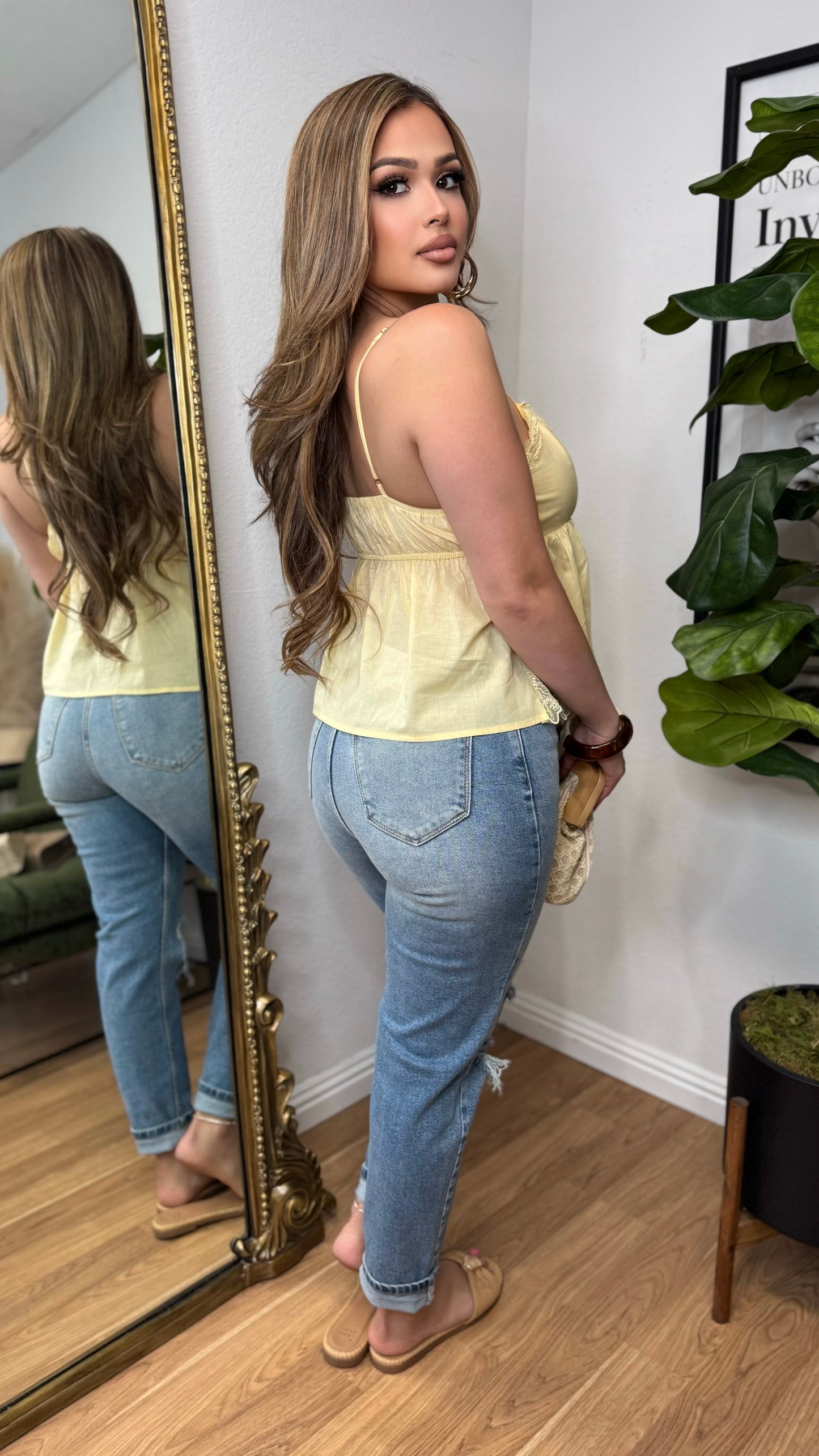 Lace Trim Babydoll Peplum Top (Yellow)