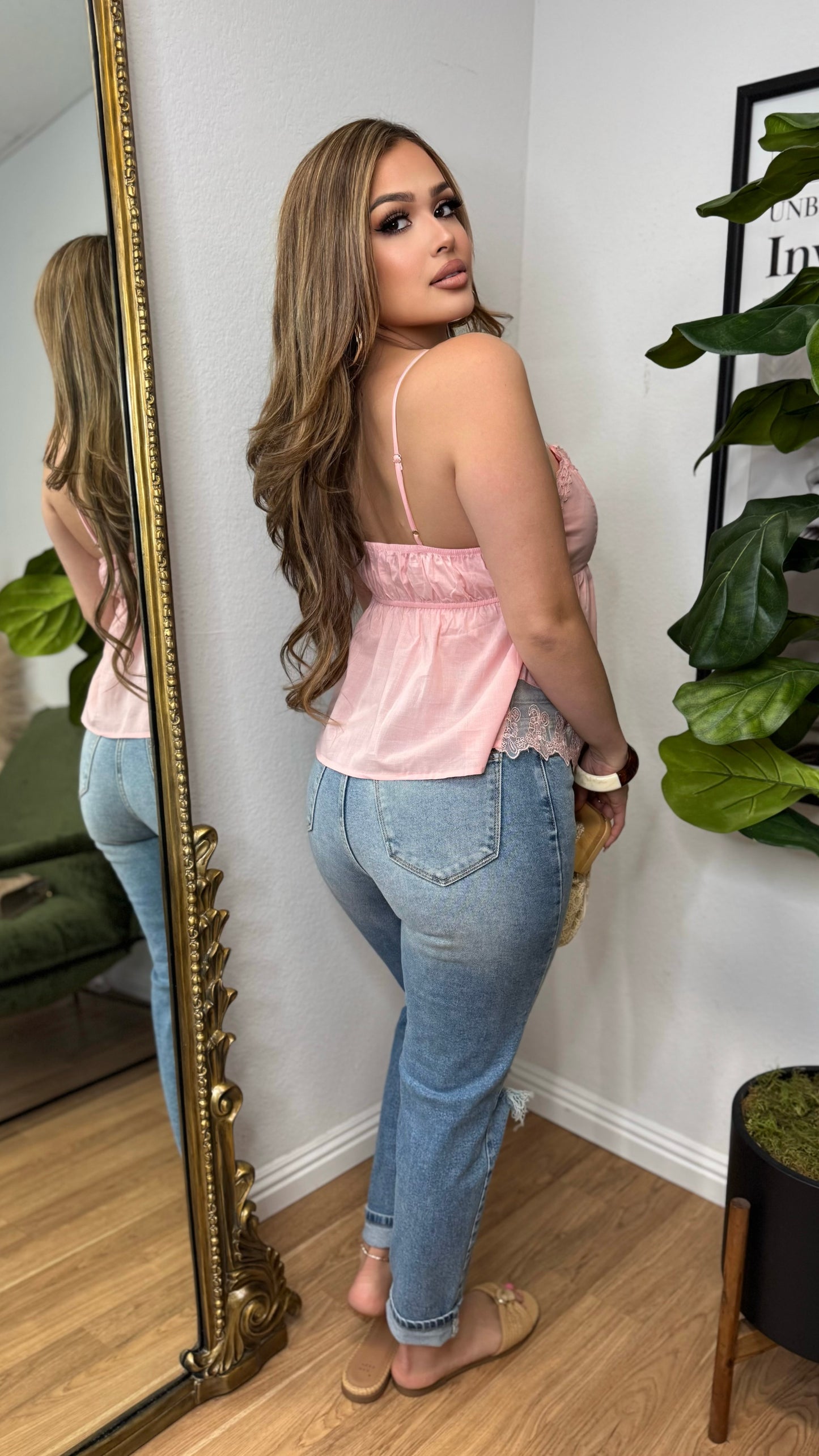 Lace Trim Babydoll Peplum Top (Pink)