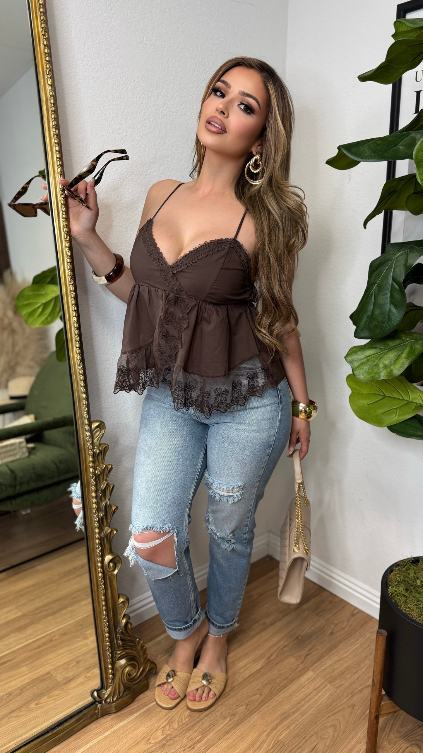 Lace Trim Babydoll Peplum Top (Brown)