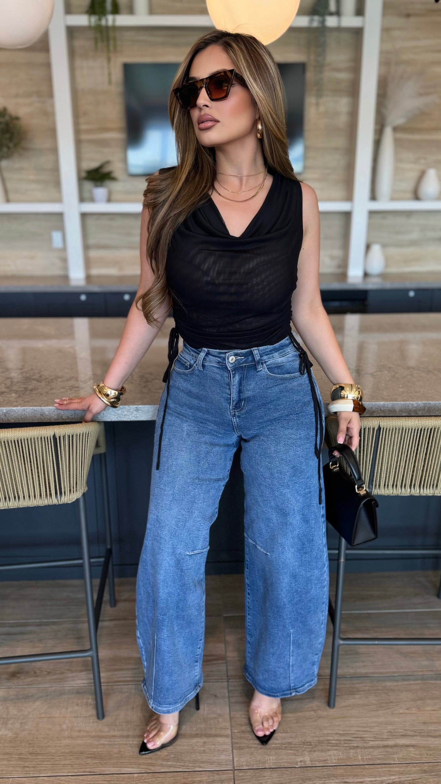 Mesh Cowl Neck Top (Black)
