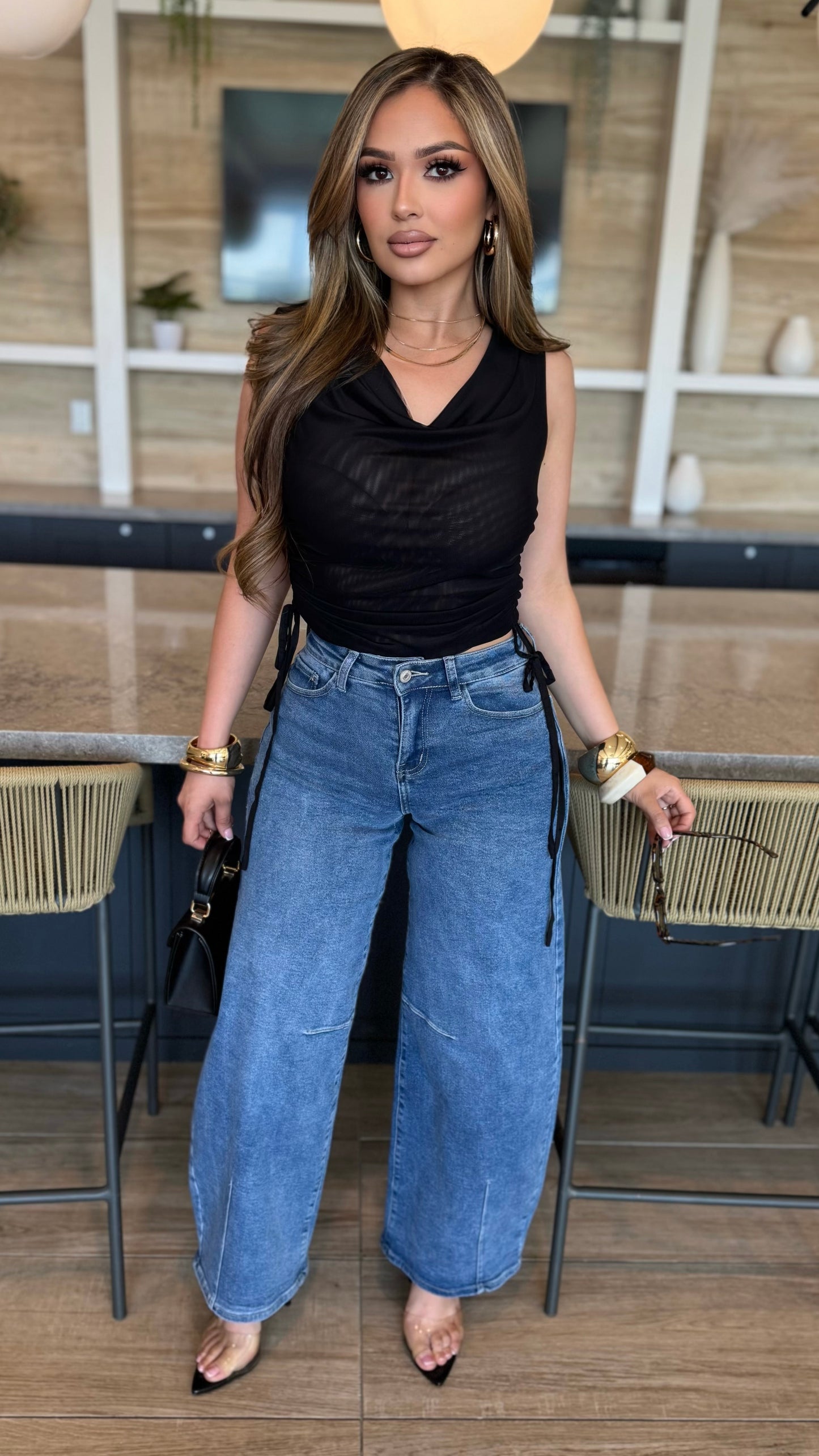 Mesh Cowl Neck Top (Black)