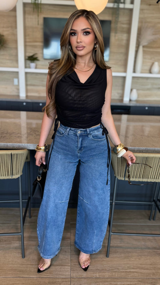 Mesh Cowl Neck Top (Black)