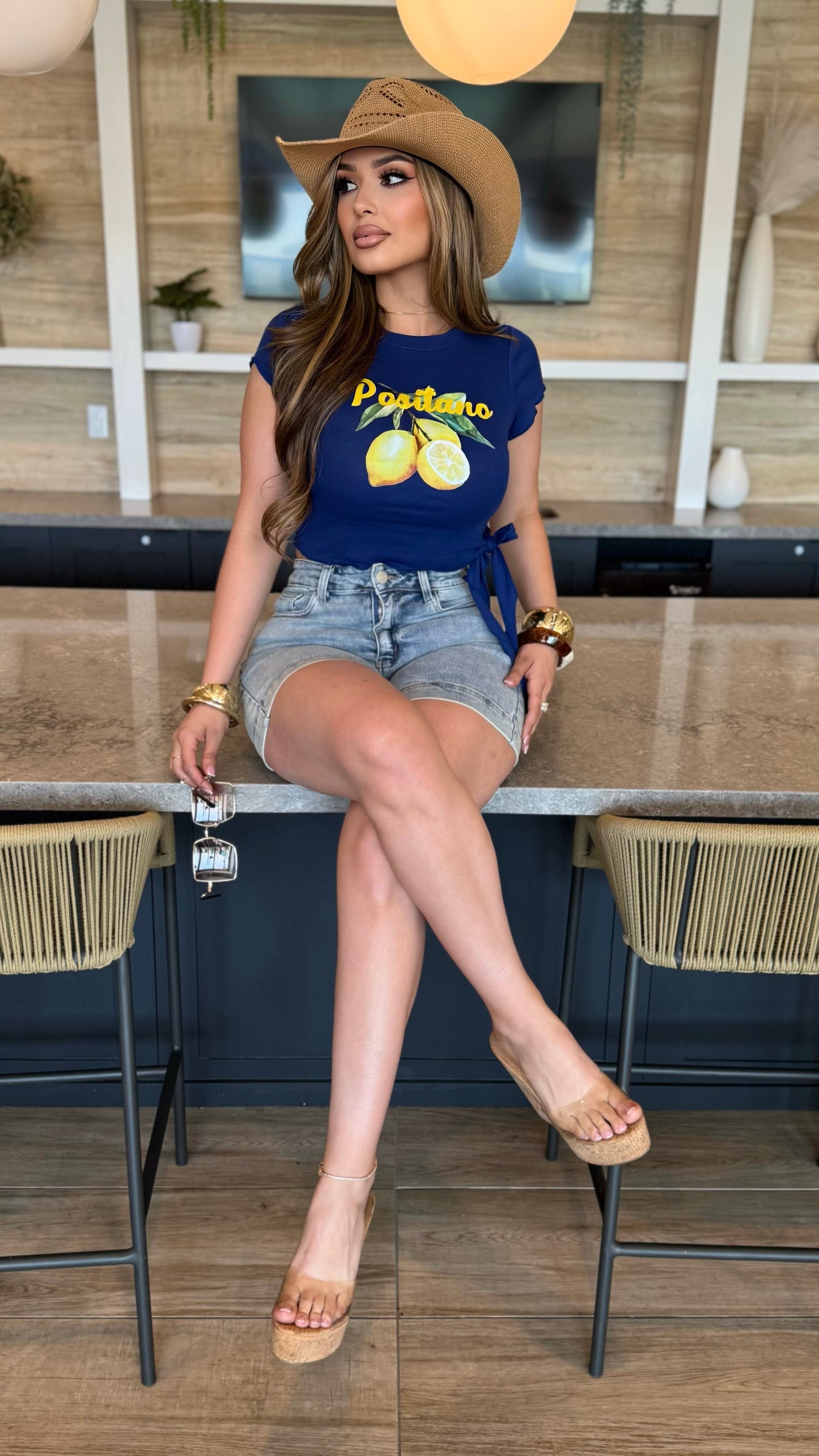 Positano Lemon Tie Front Top (Navy)