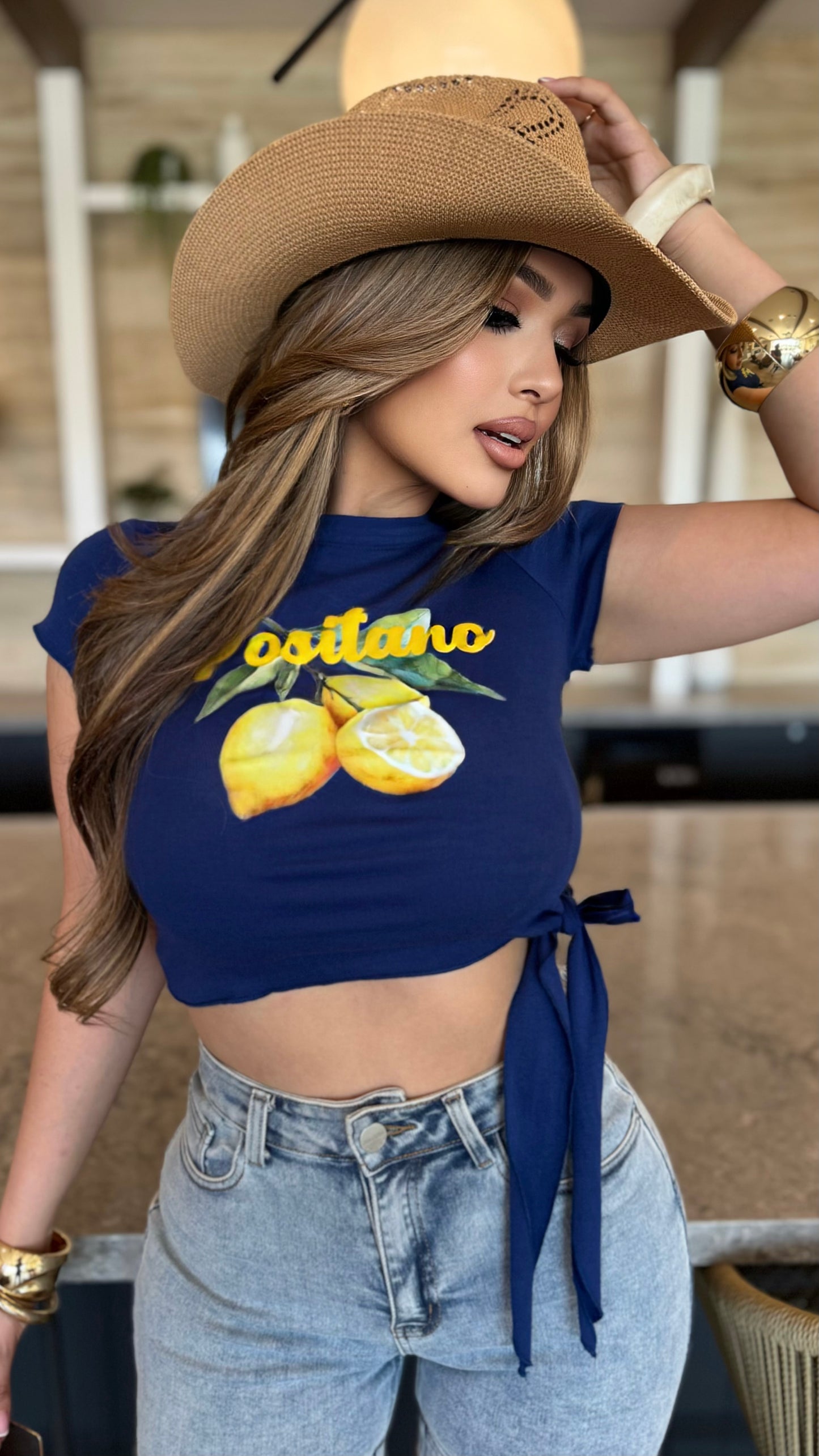 Positano Lemon Tie Front Top (Navy)