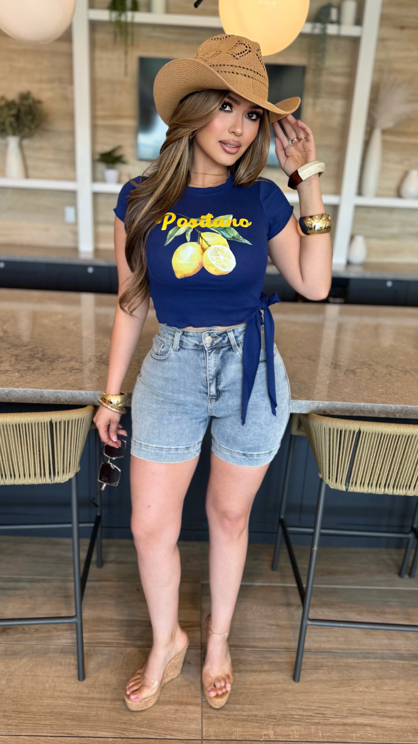 Positano Lemon Tie Front Top (Navy)