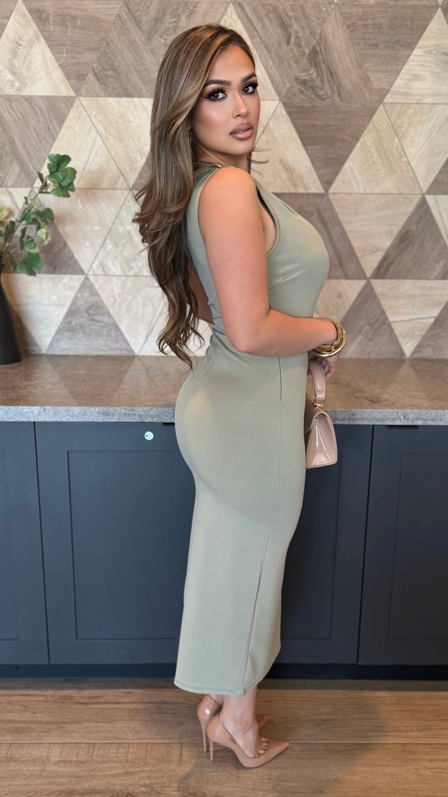 Elegant One Shoulder Midi Dress (Olive)