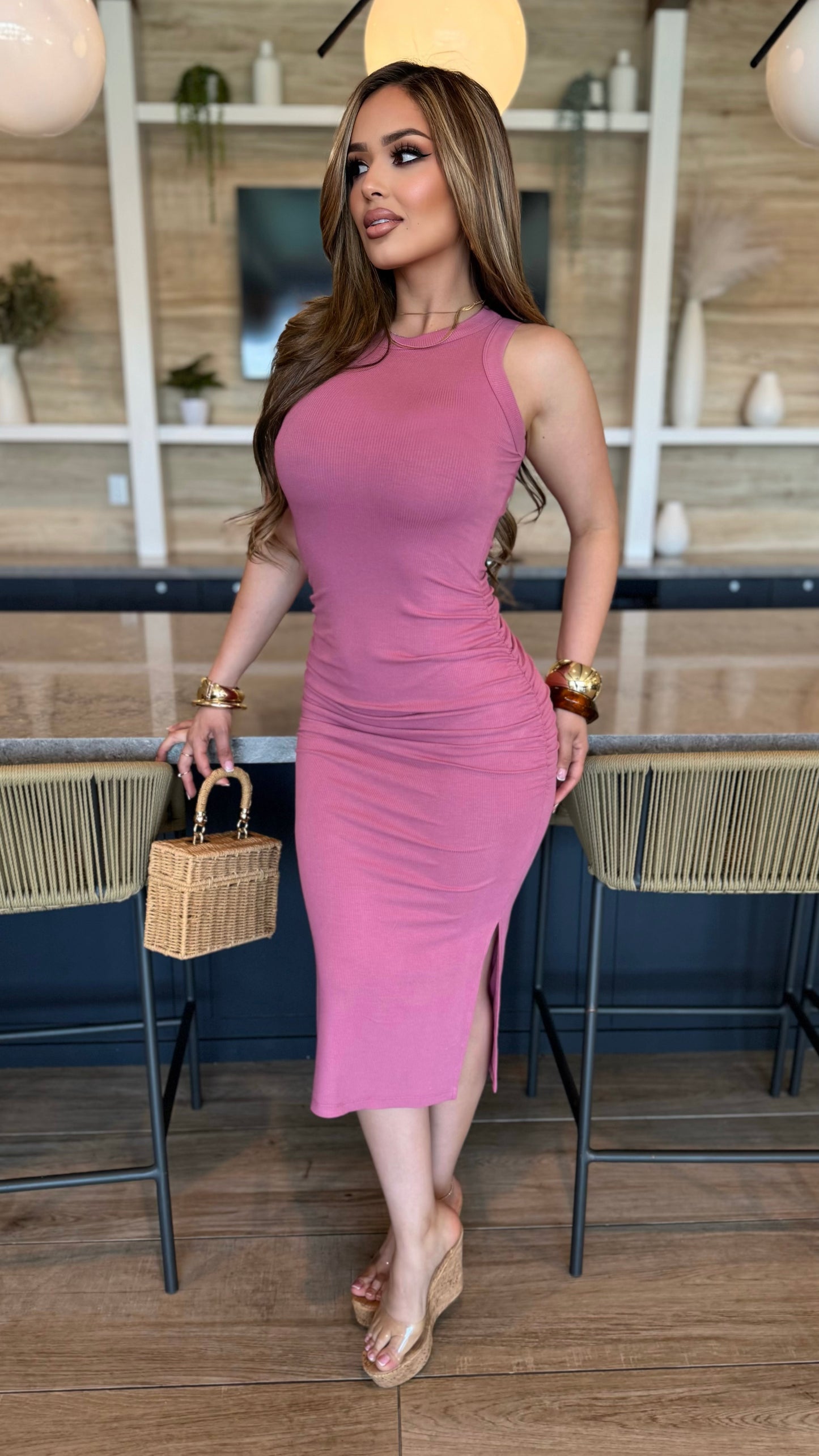 Ribbed Scrunched Tank Midi Dress (Rose)