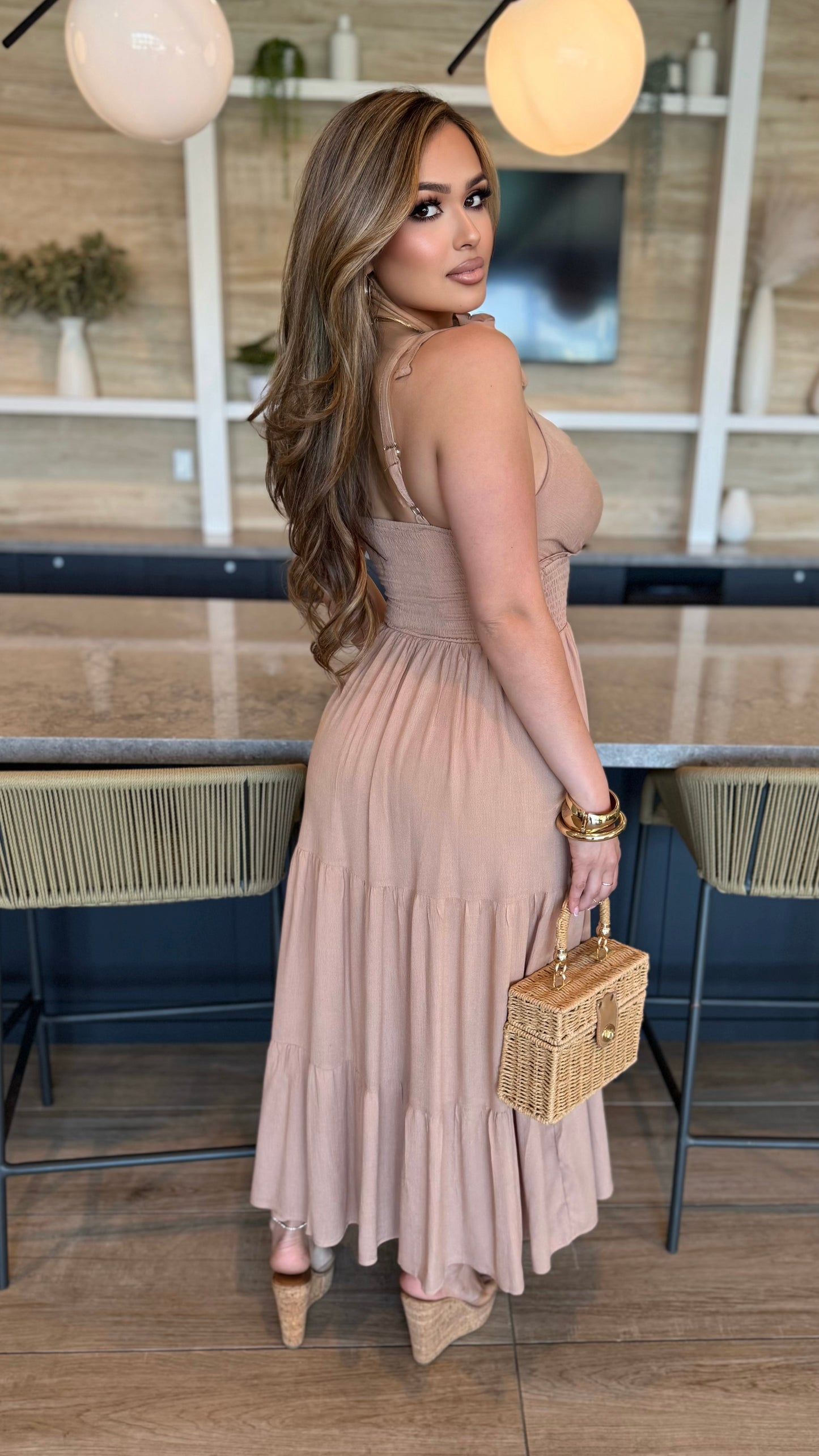 Dreamy Tie Shoulder Smocked Maxi Dress (Taupe)