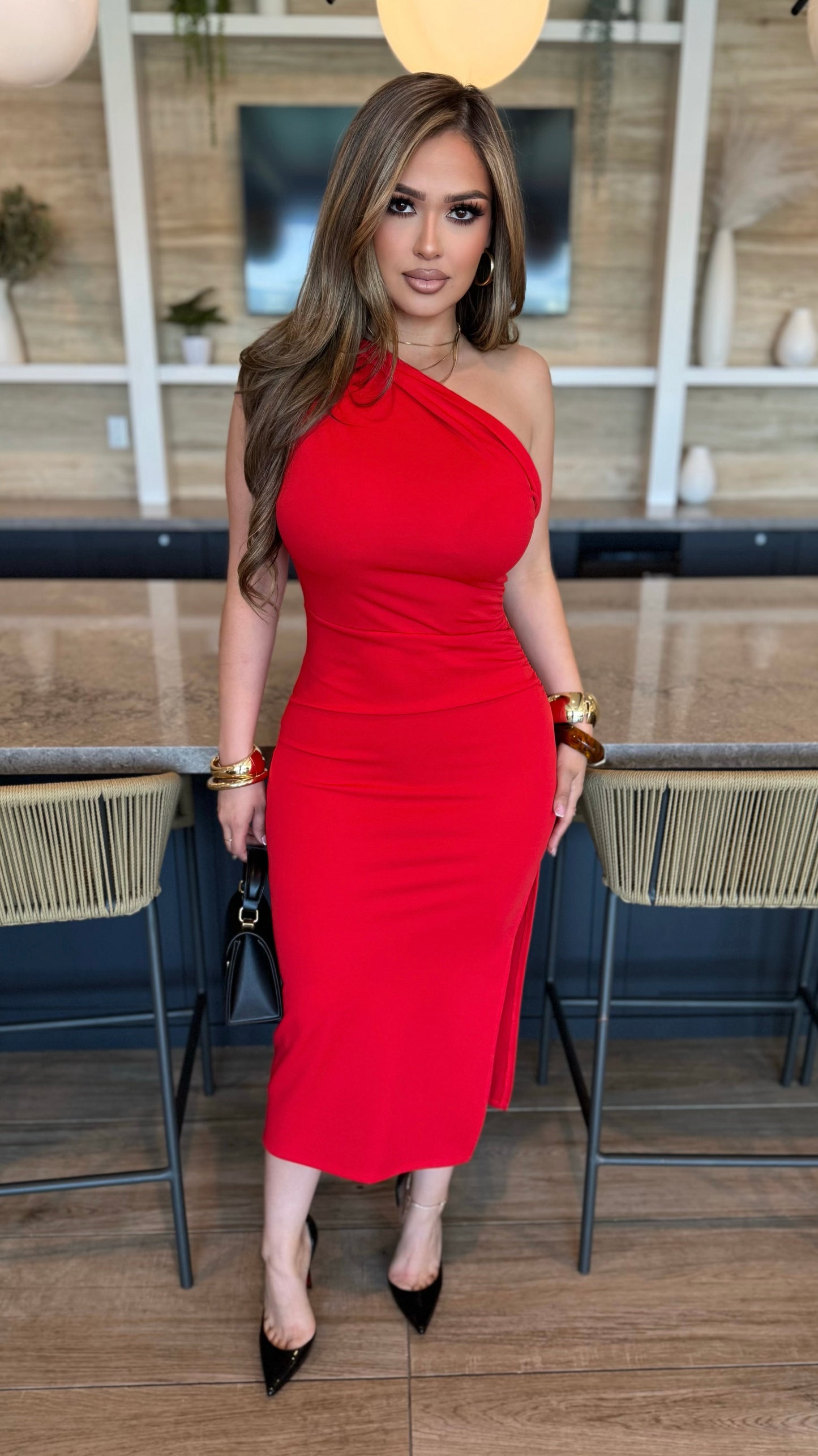 Elegant One Shoulder Midi Dress (Red)