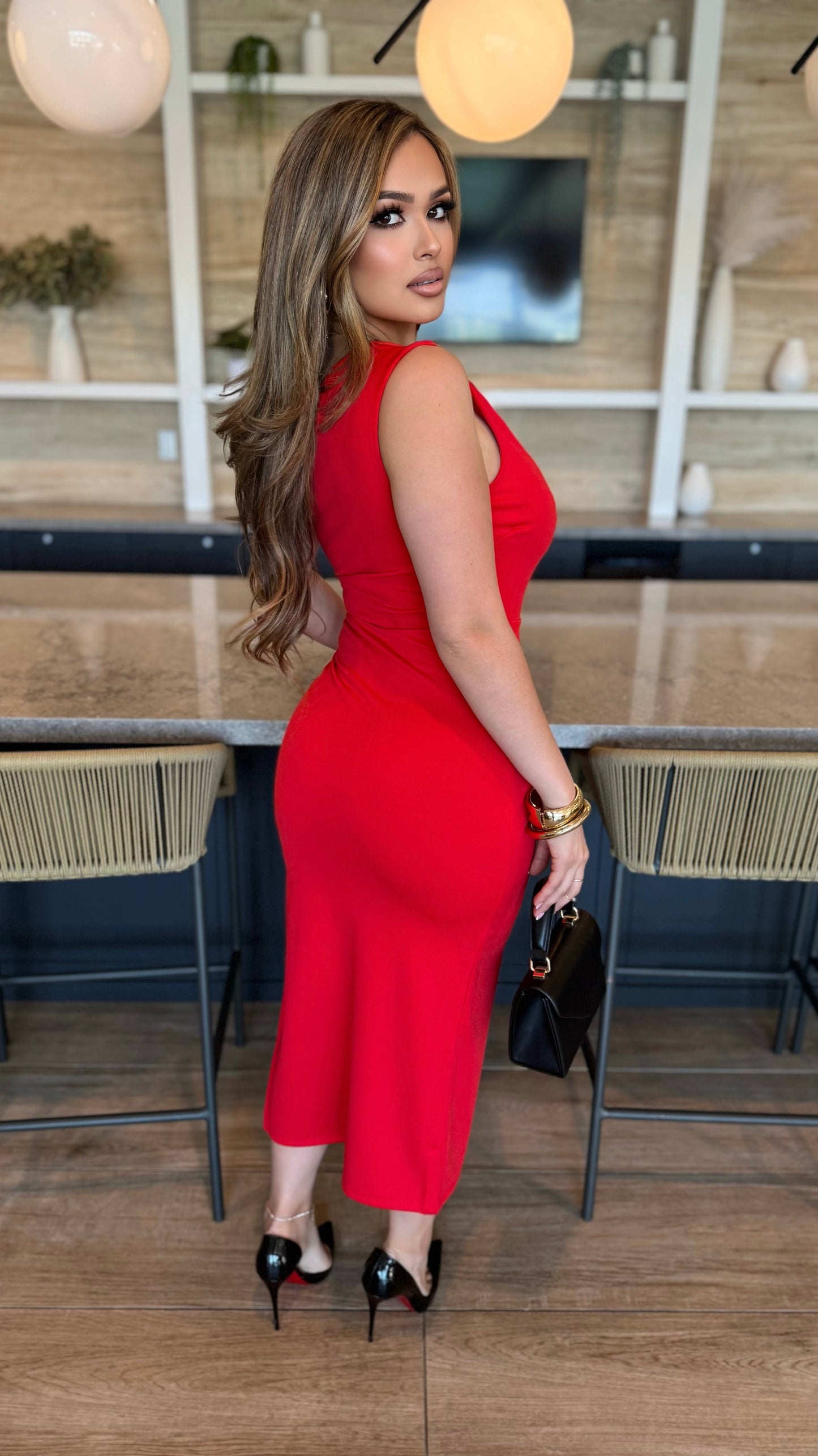 Elegant One Shoulder Midi Dress (Red)