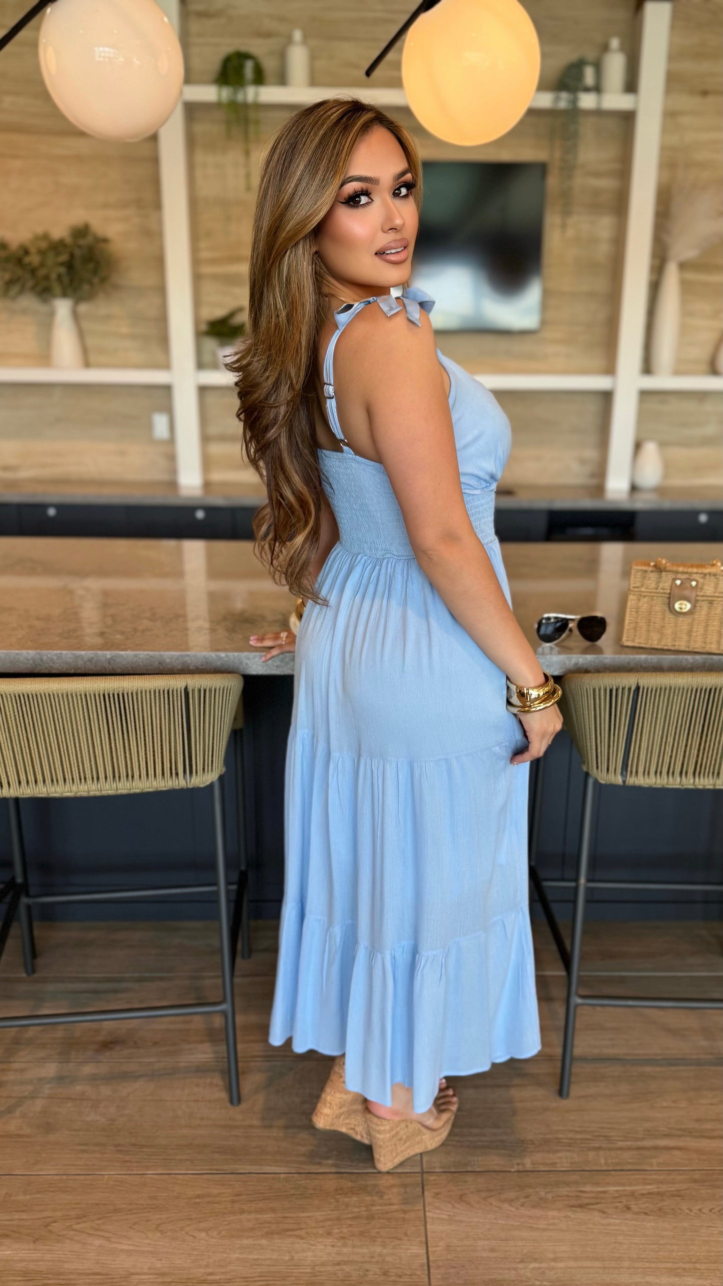 Dreamy Tie Shoulder Smocked Maxi Dress (Baby Blue)