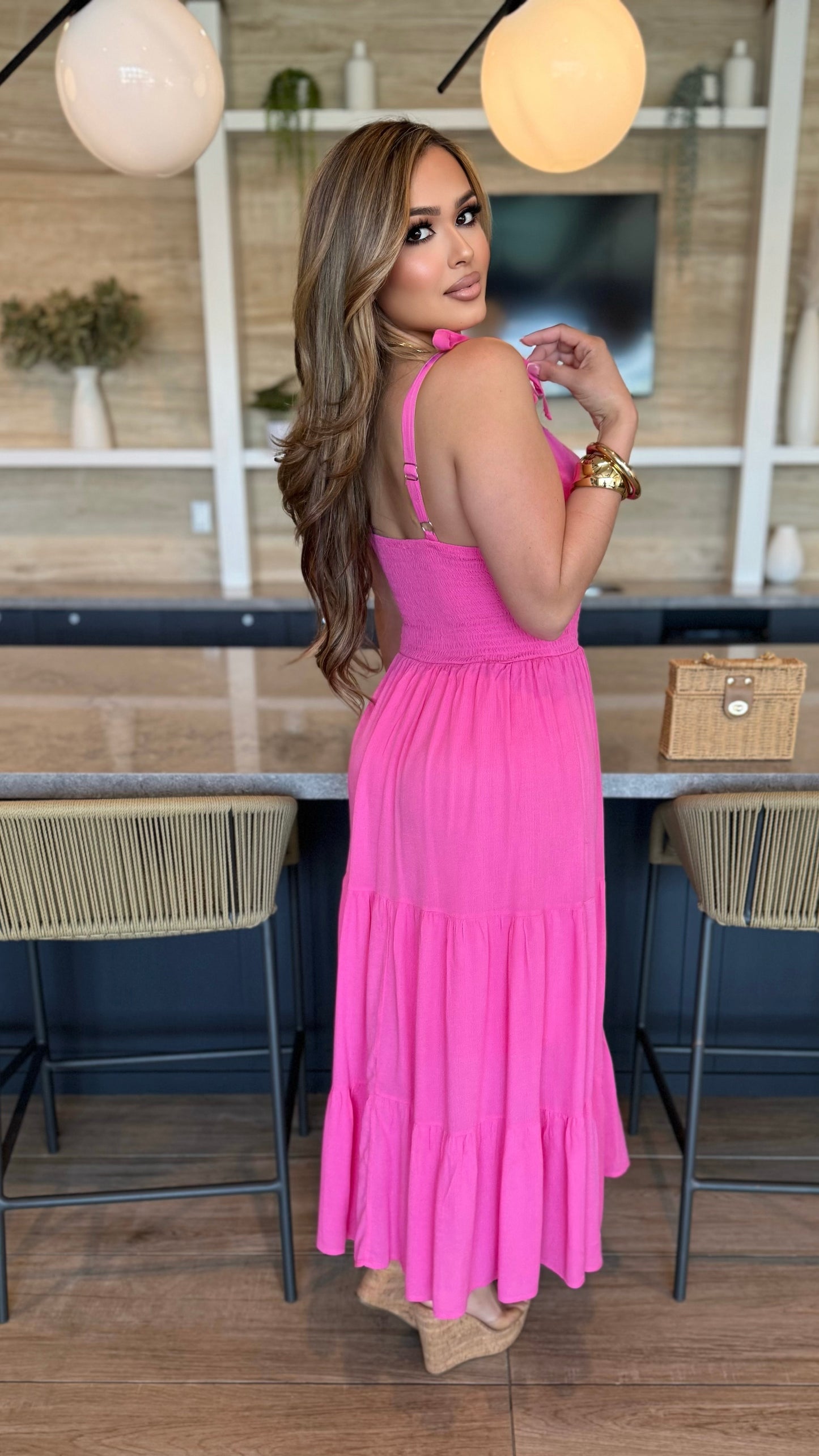 Dreamy Tie Shoulder Smocked Maxi Dress (Pink)