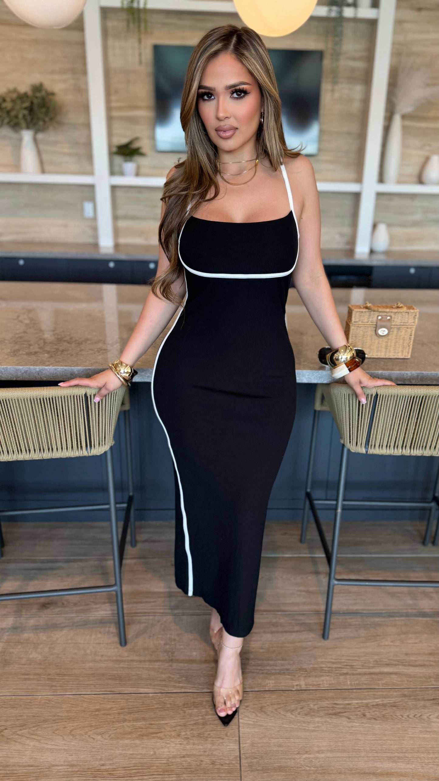 Square Neck Contrast Trim Ribbed Midi Dress (Black)