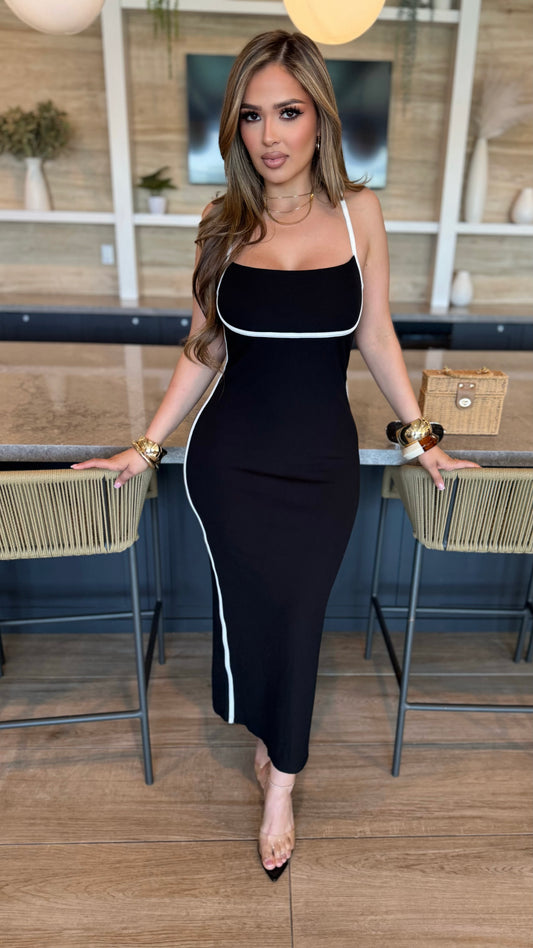 Square Neck Contrast Trim Ribbed Midi Dress (Black)