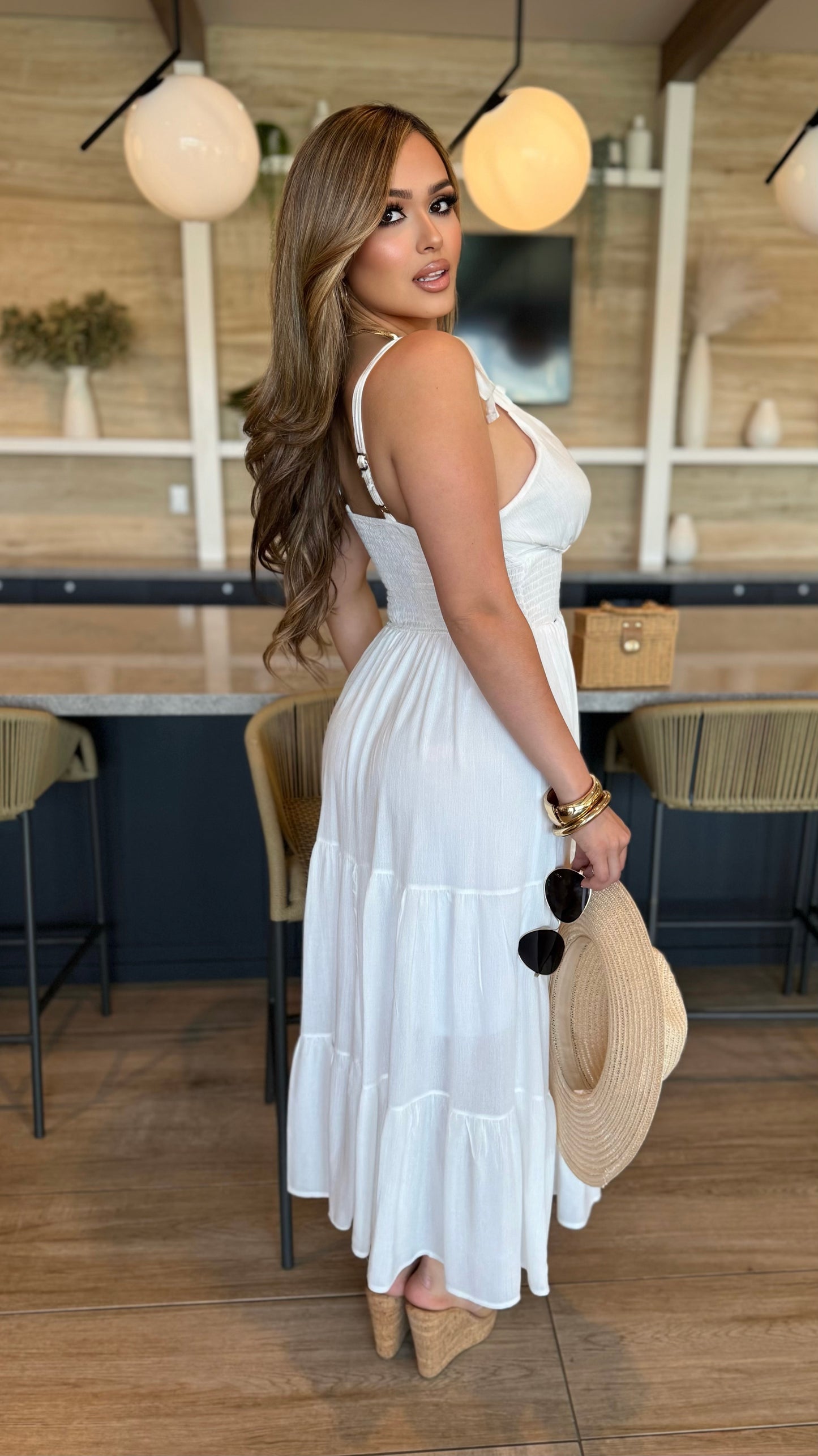 Dreamy Tie Shoulder Smocked Maxi Dress (White)