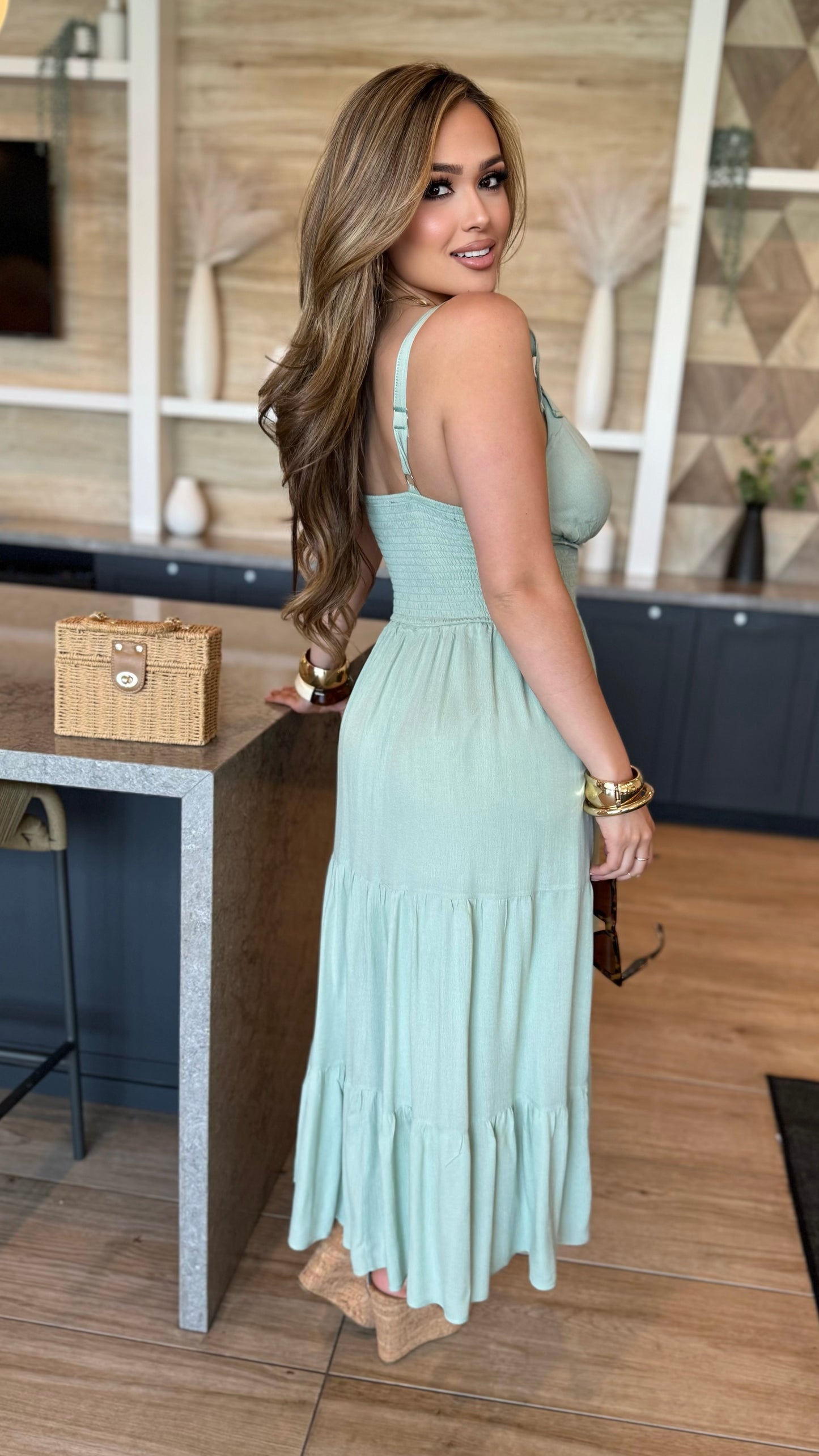 Dreamy Tie Shoulder Smocked Maxi Dress (Sage)