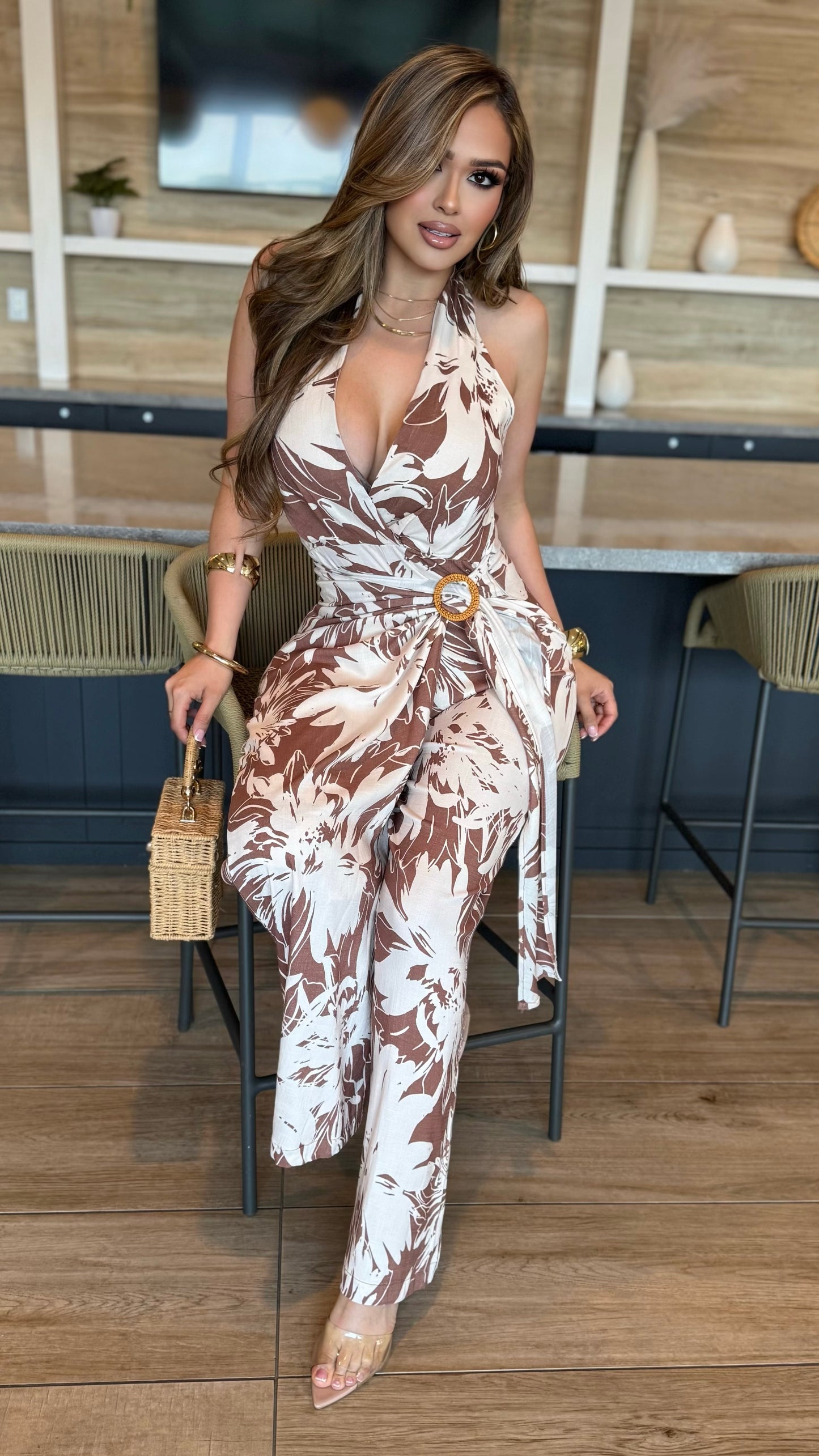 Halter Wide Leg Jumpsuit (Cream/Taupe)