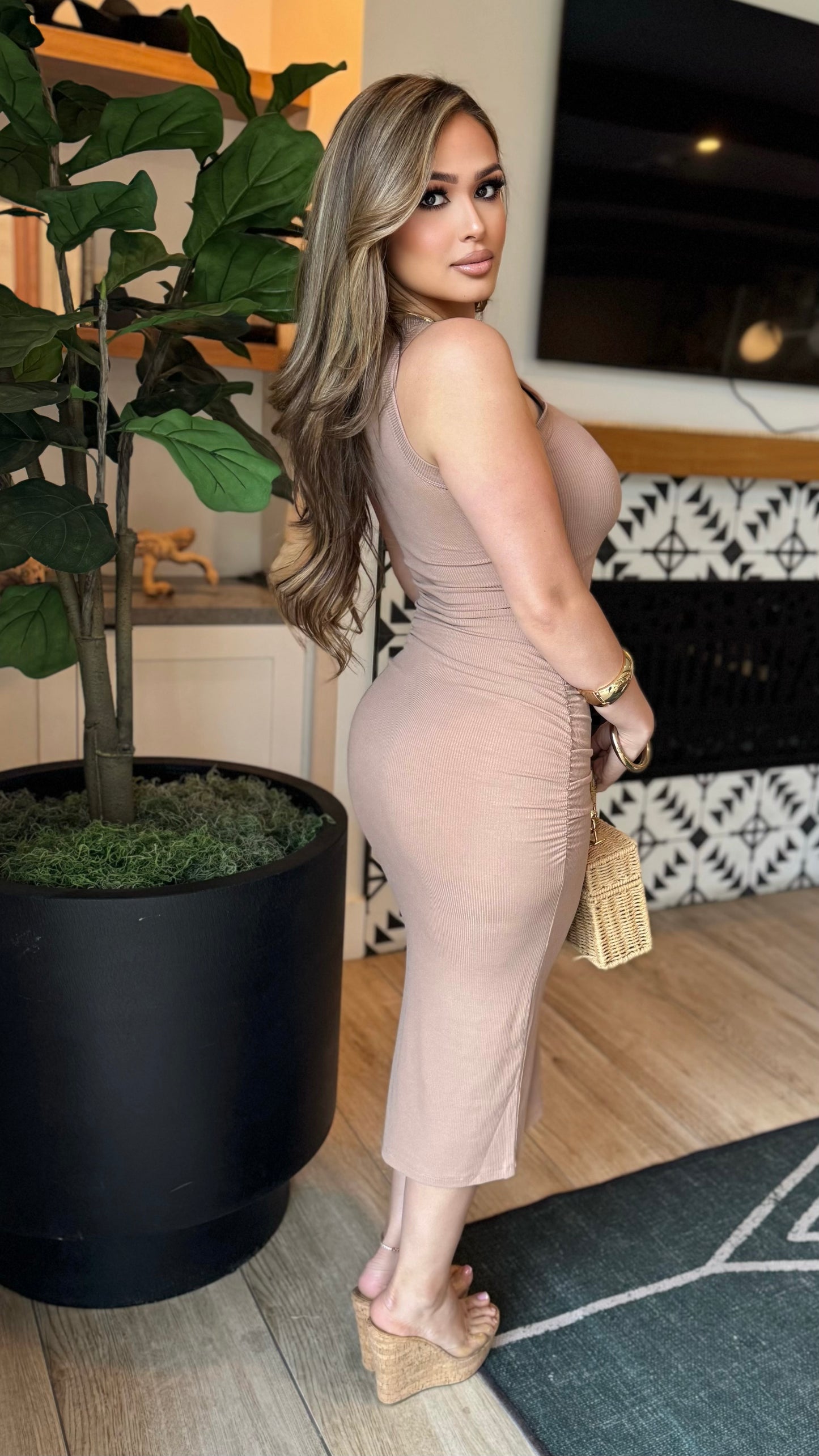 Ribbed Scrunched Tank Midi Dress (Taupe)