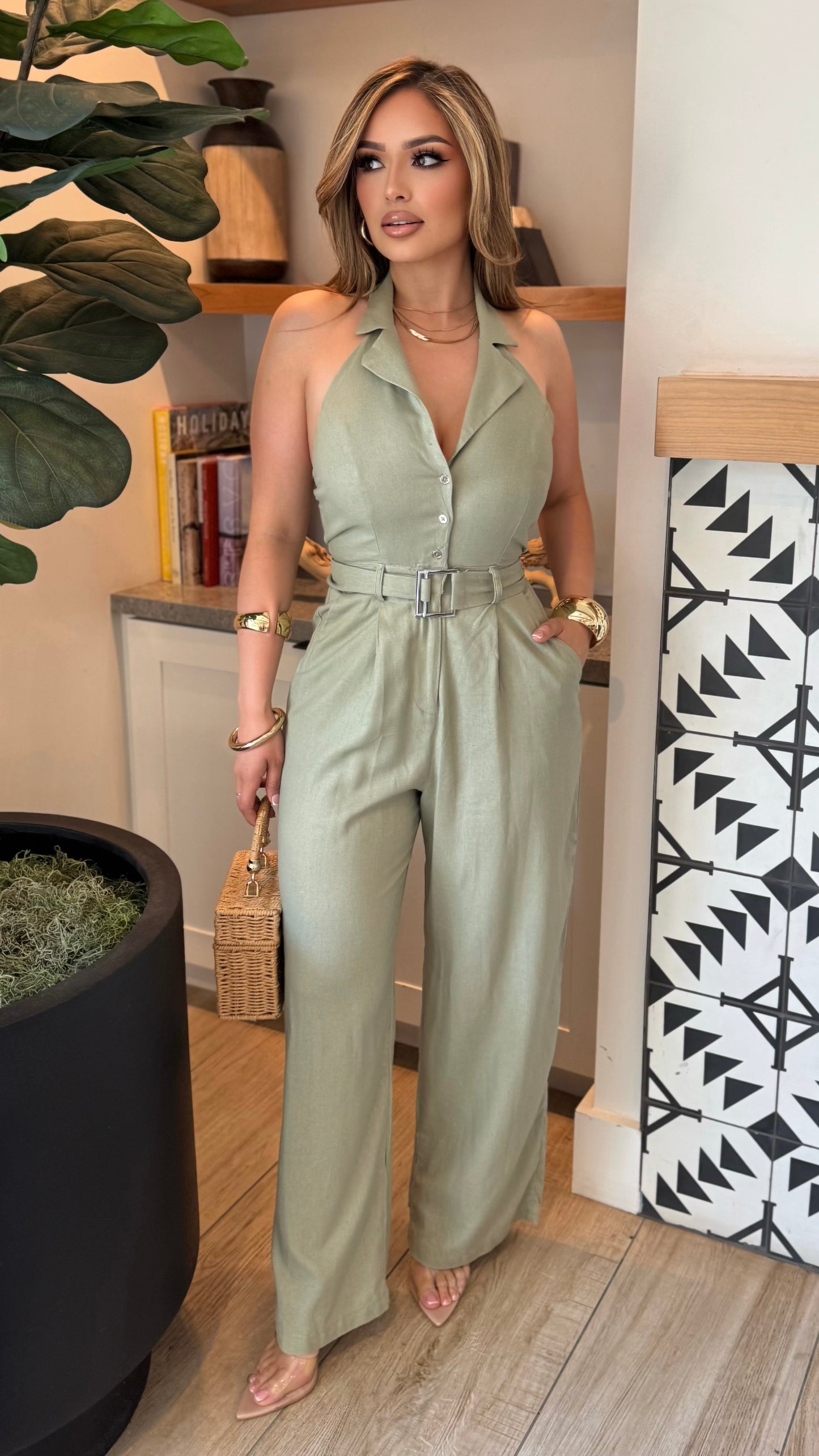 Halter Button Down Linen Wide Leg Jumpsuit (Olive)