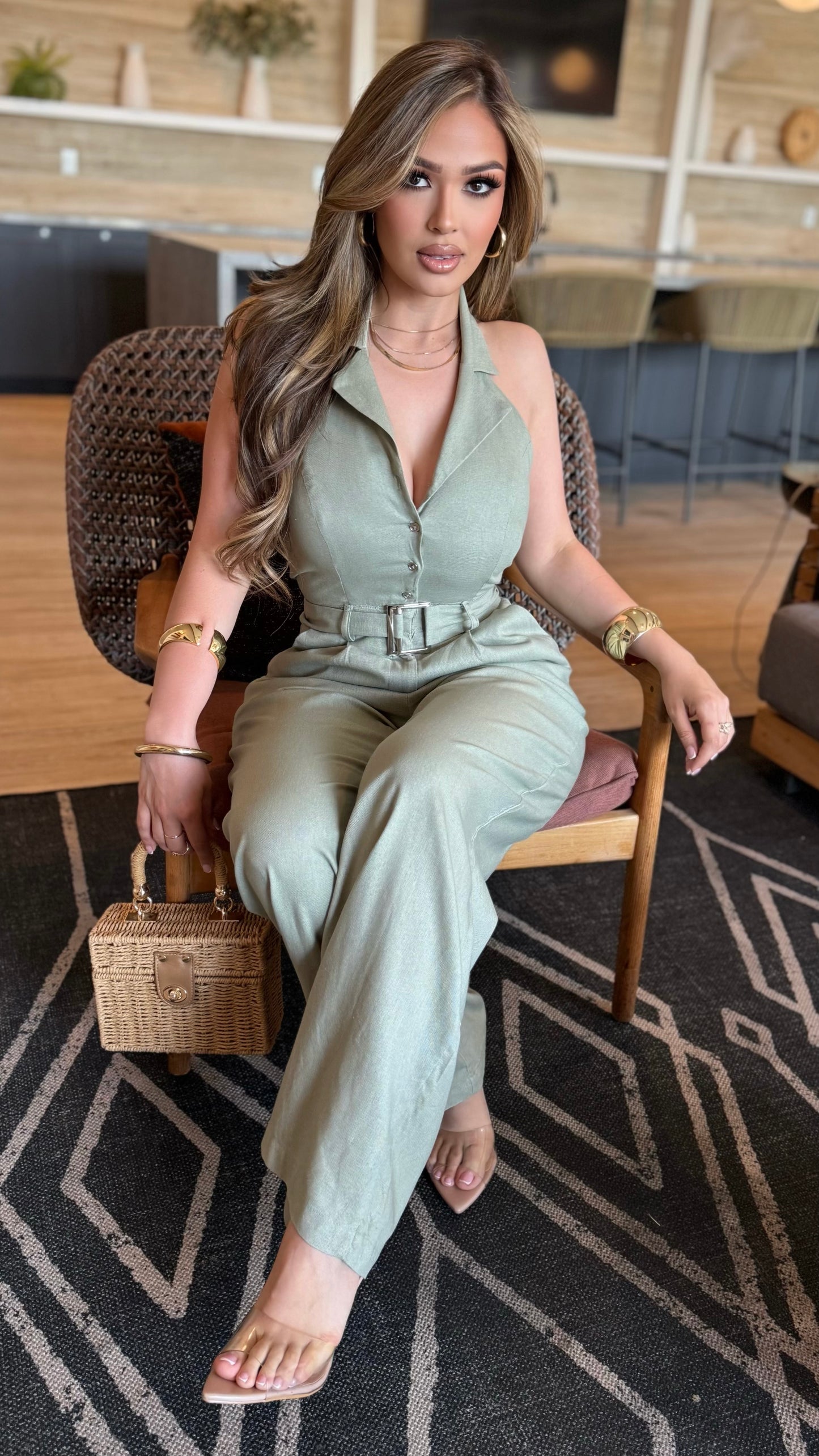 Halter Button Down Linen Wide Leg Jumpsuit (Olive)