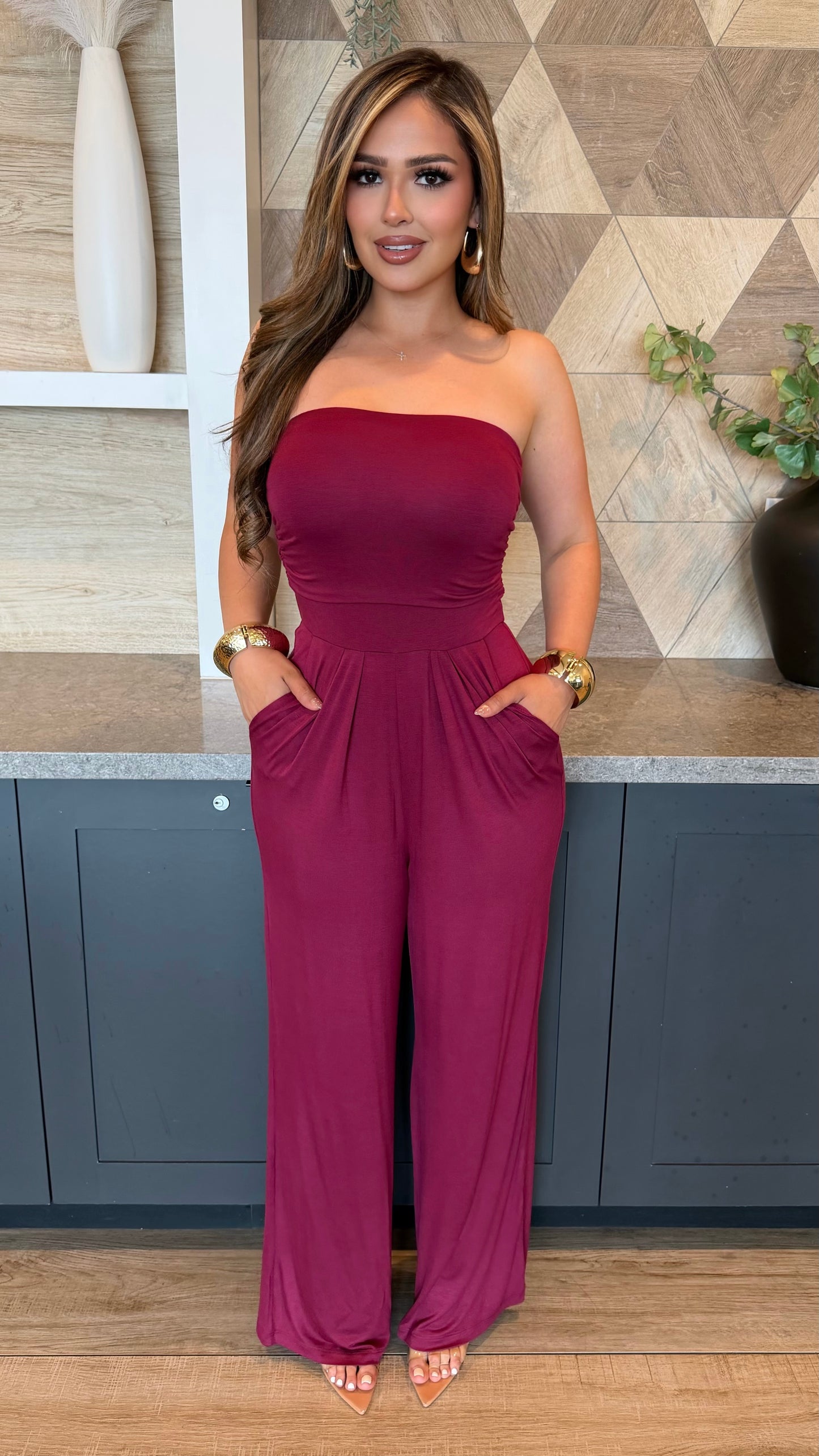 Casual Strapless Jumpsuit (Wine)