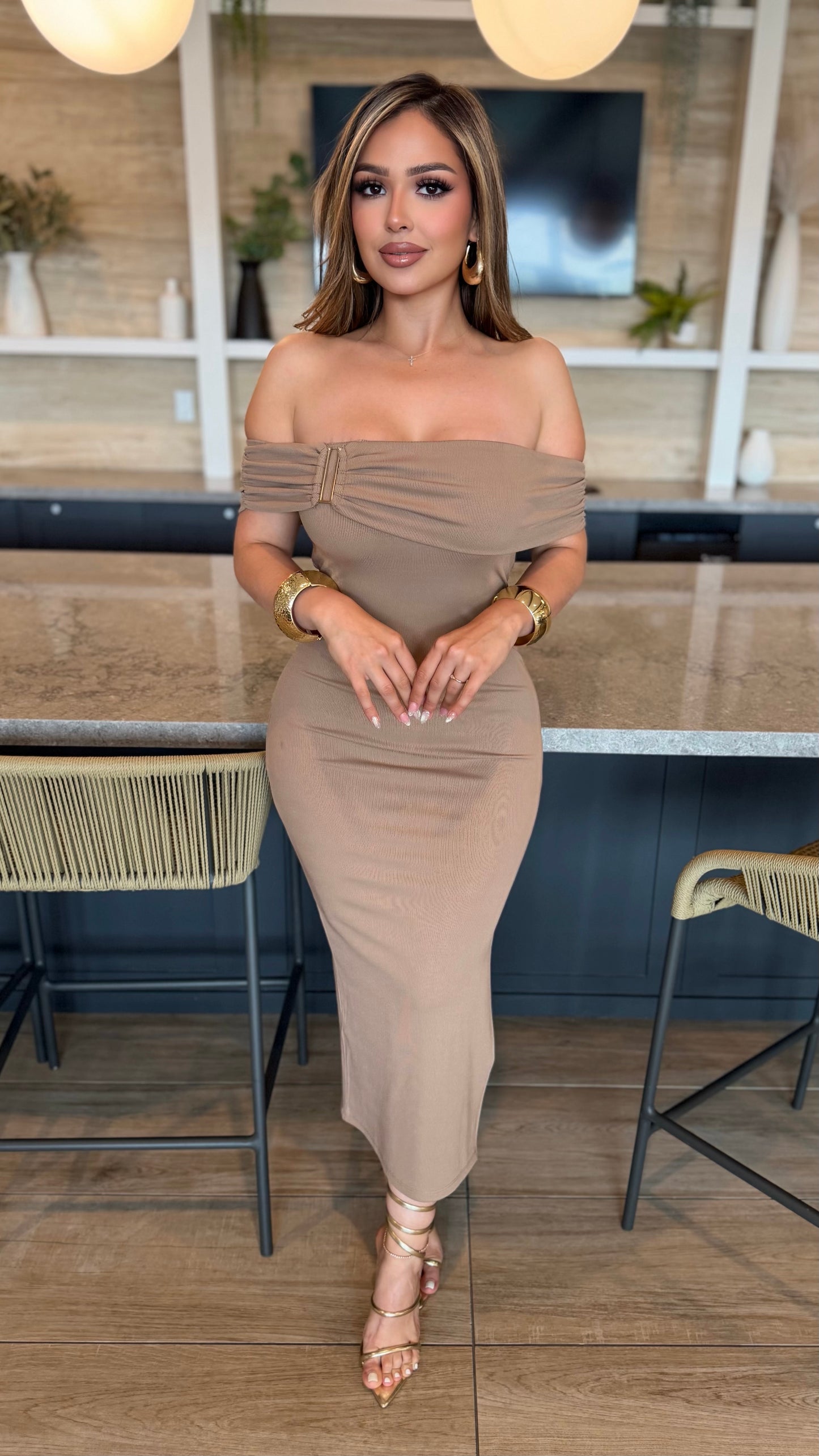 Captivating Off Shoulder Dress (Mocha)