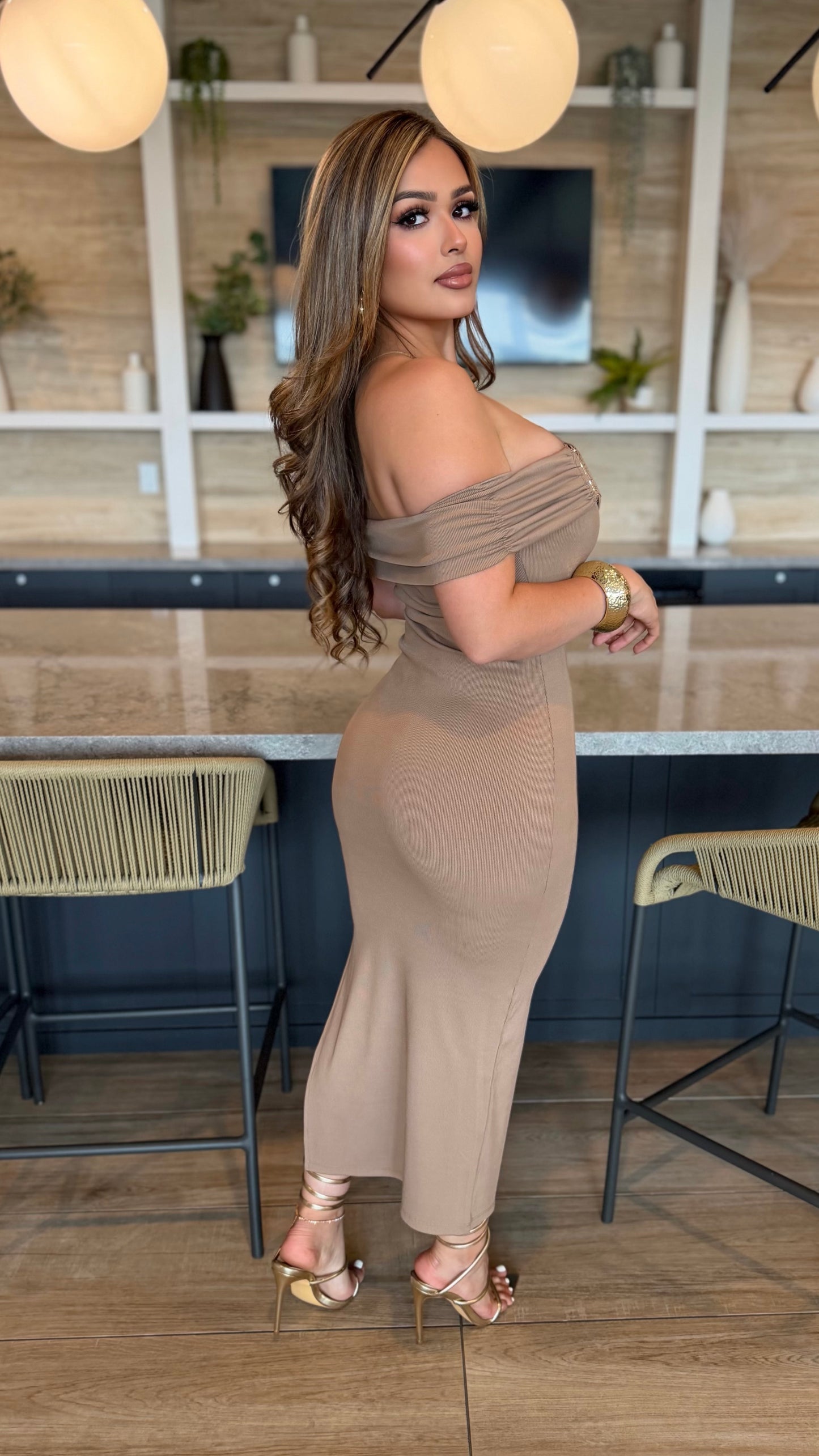 Captivating Off Shoulder Dress (Mocha)