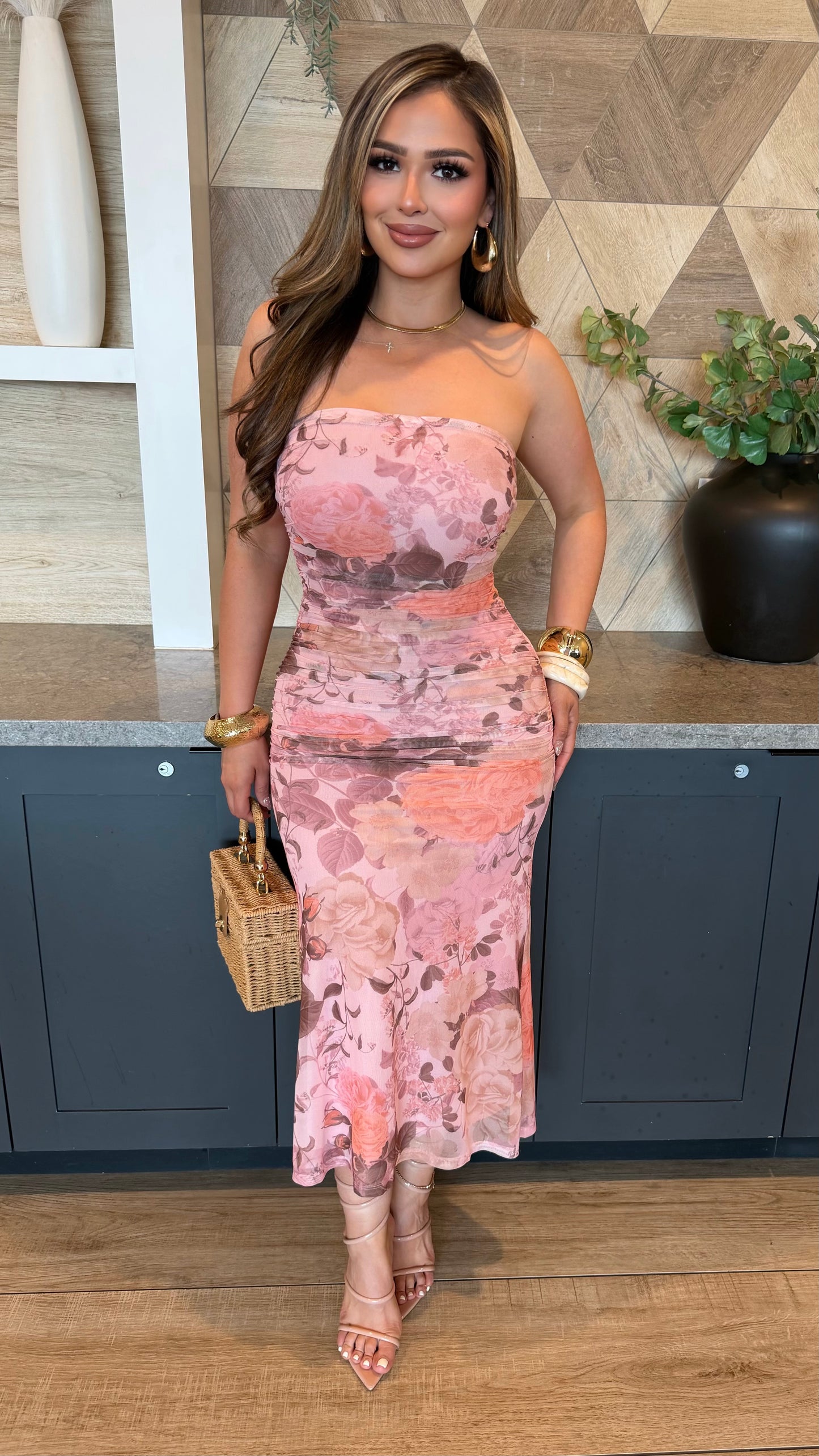 Rose All Day Strapless Floral Dress (Pink)