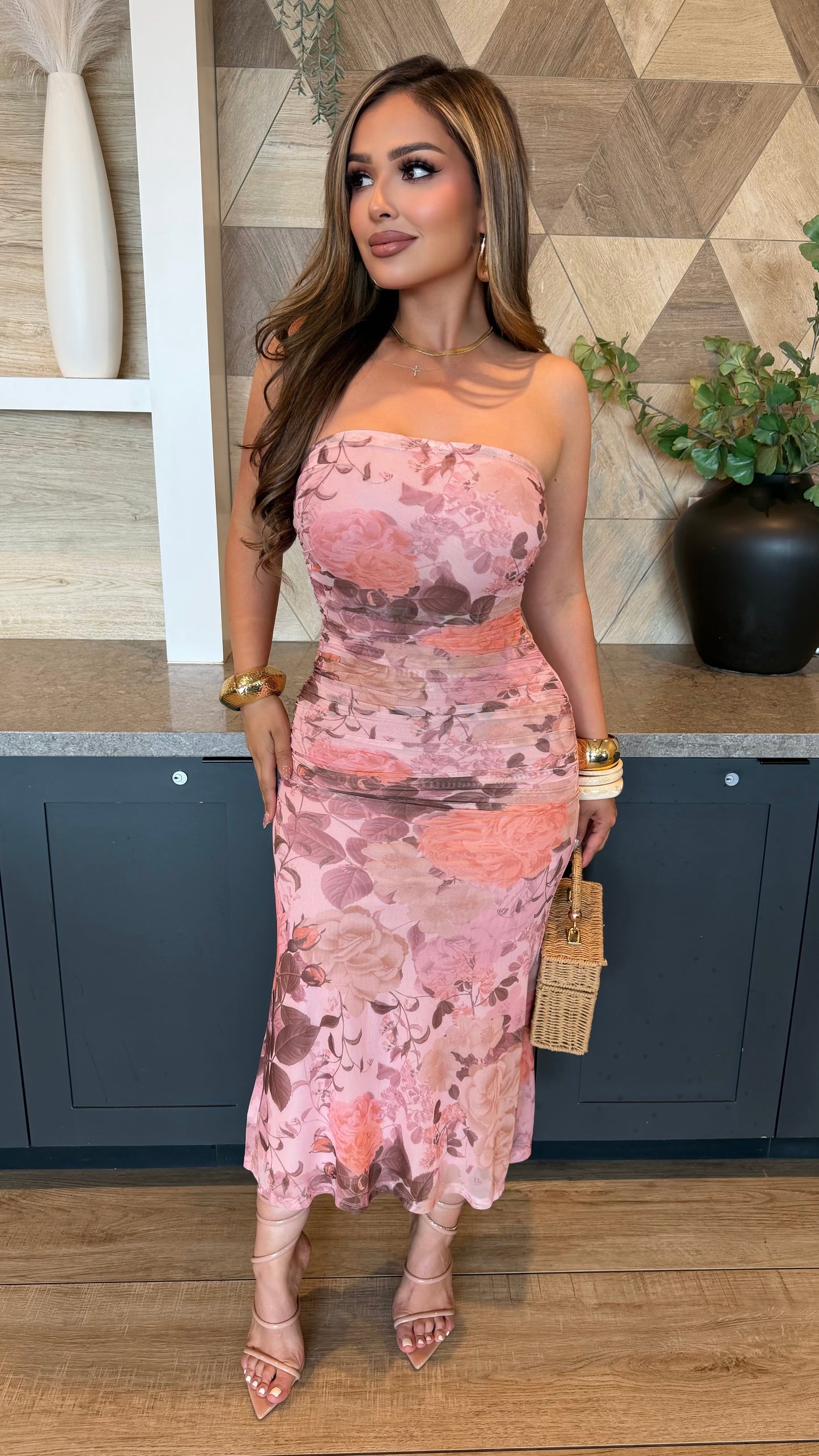 Rose All Day Strapless Floral Dress (Pink)