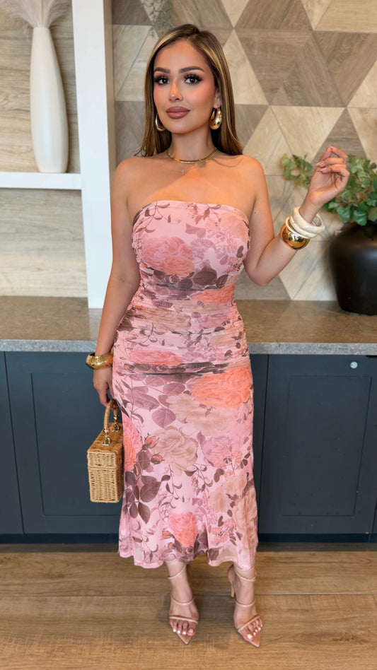 Rose All Day Strapless Floral Dress (Pink)